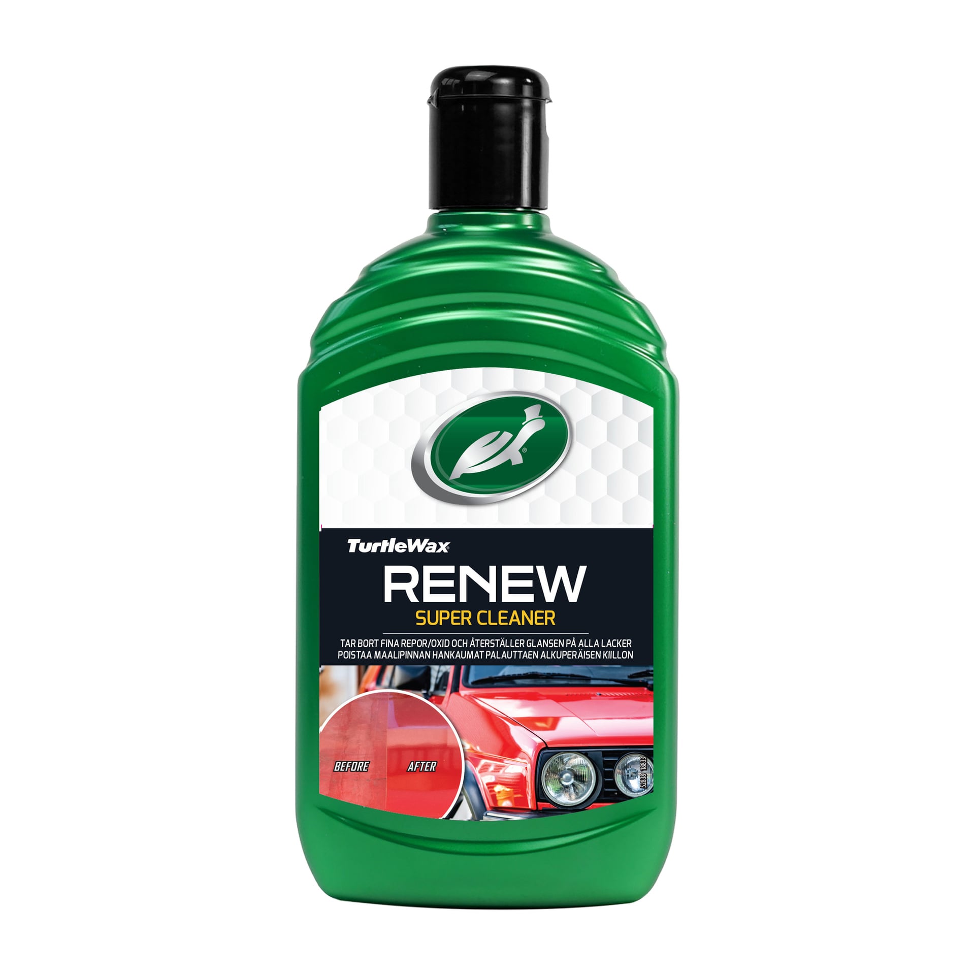 En grön plastflaska Turtle Wax Paint Cleaner Super Cleaner har varumärke, en röd bilbild, produktdetaljer på etiketten och en jämförelse före och efter rengöring.