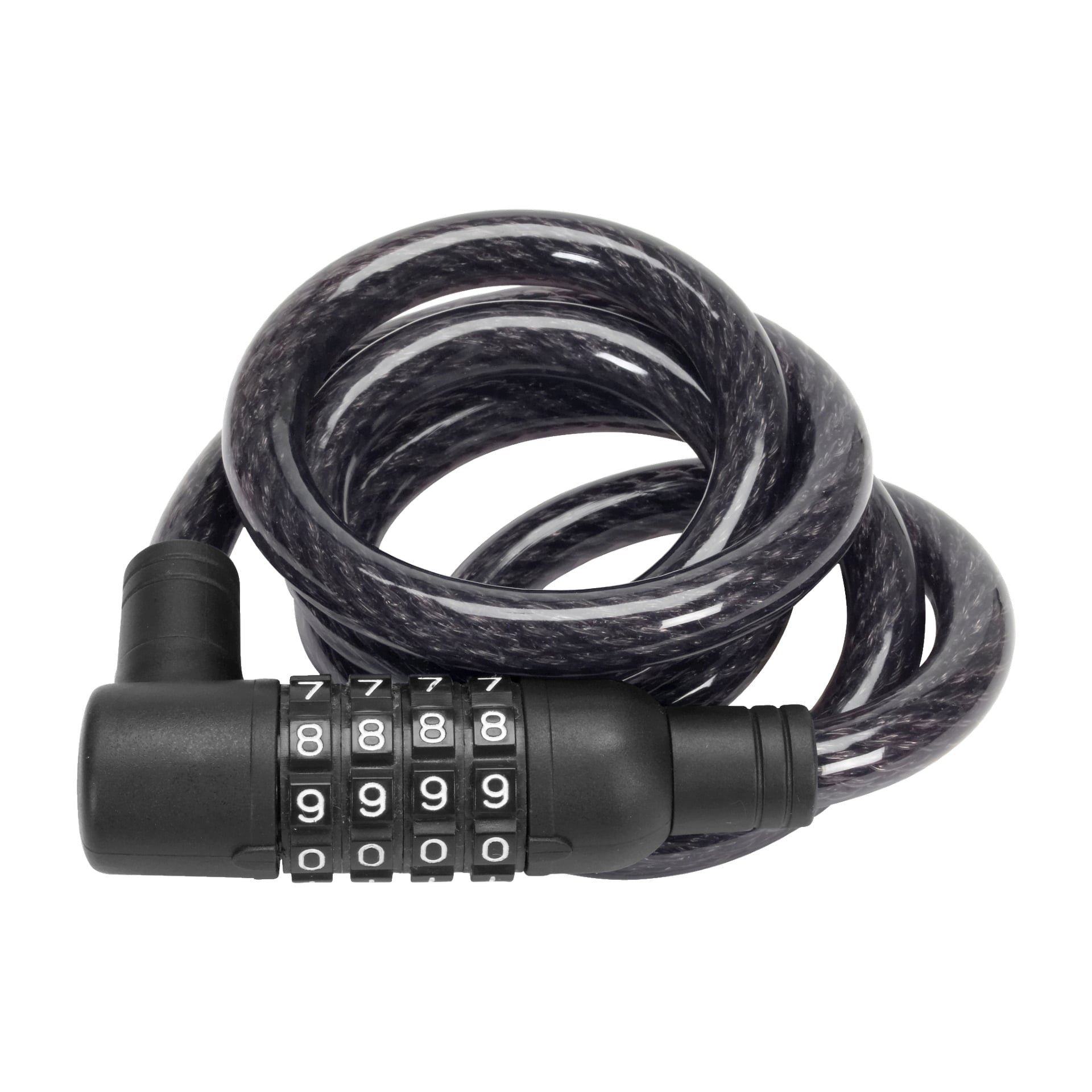 Ett Kayoba-trådlås med en spiralad svart kabel och en cylindrisk kombinationsratt inställd på 7-7-7-7.