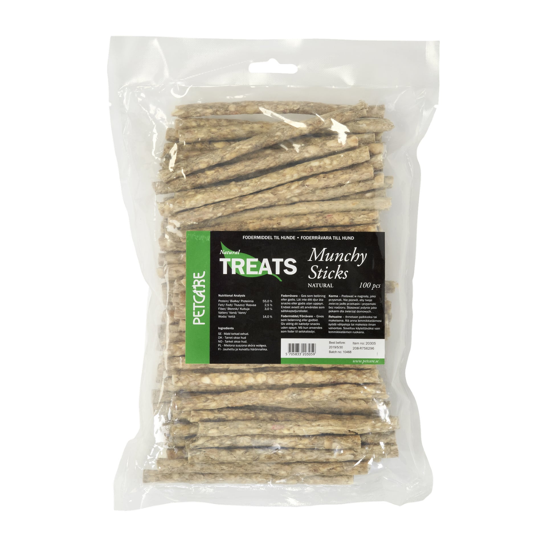 En genomskinlig påse innehåller 100 beige Petcare Munchy Chewing Sticks, tydligt synliga inuti. Etiketten innehåller detaljer om produkten och dess näringsvärde.