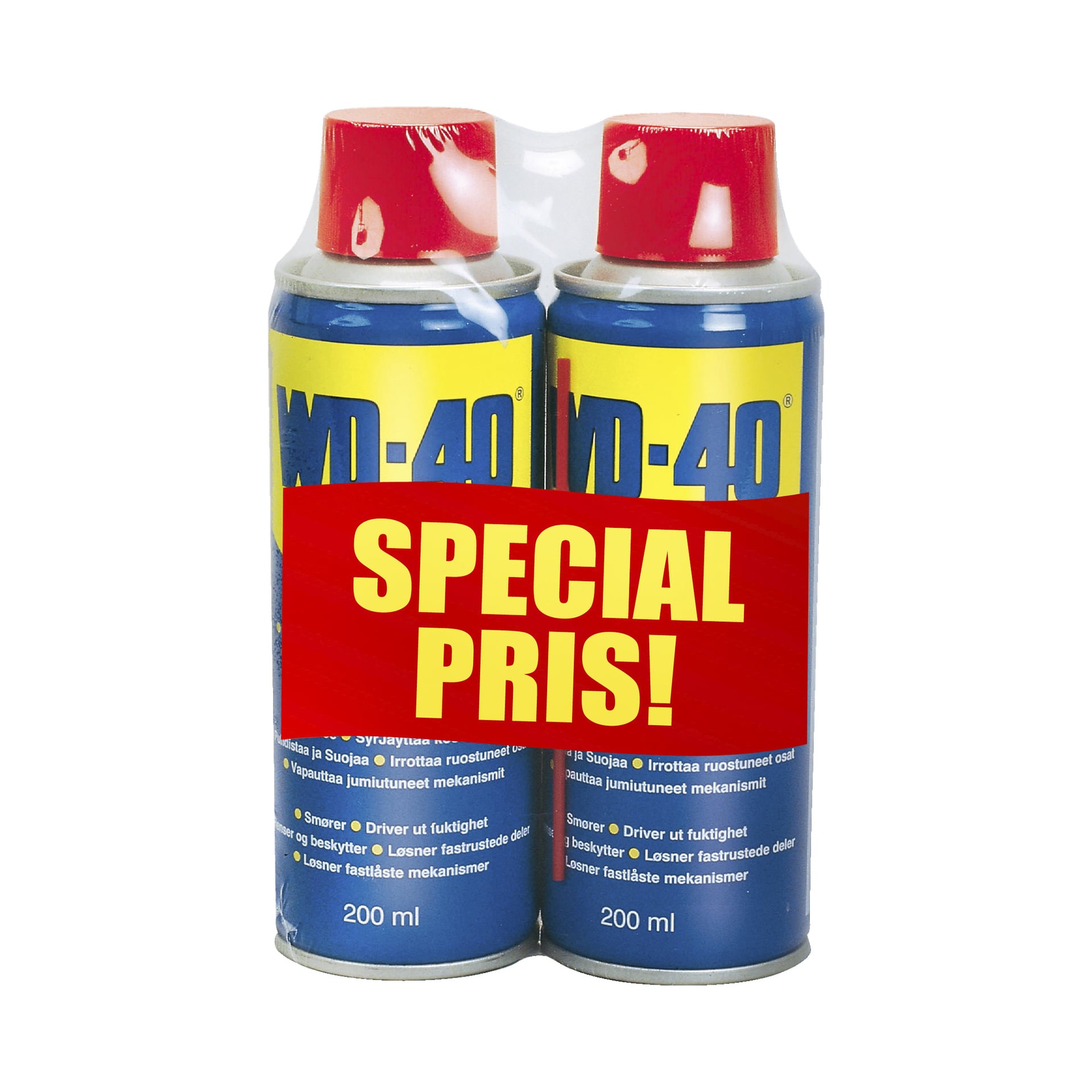 Två 200 ml-burkar WD-40 Multi-purpose spray är bundna tillsammans med en röd etikett på framsidan där det står "SPECIAL PRIS!" Båda burkarna har röda lock och blå etiketter med gula bokstäver.
