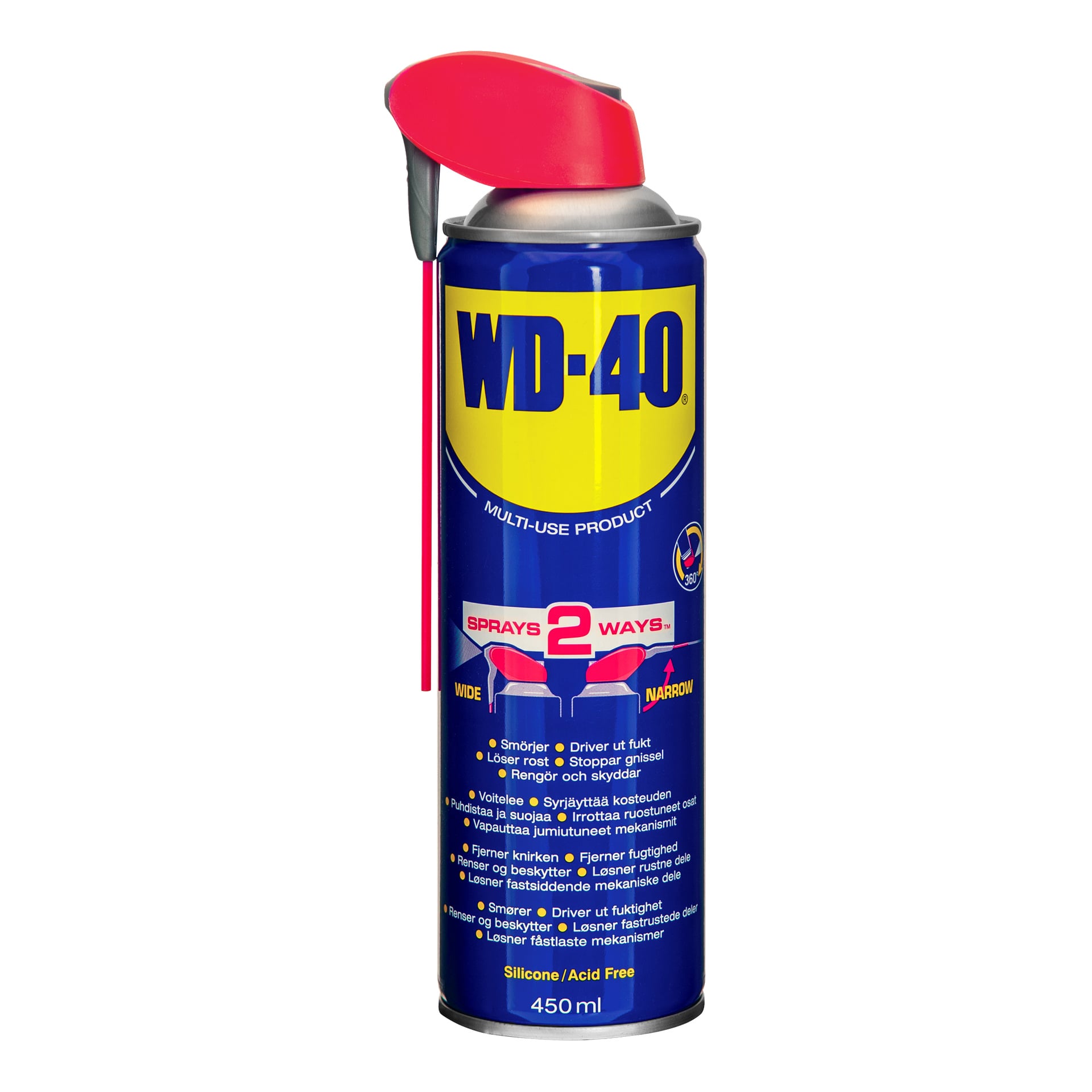 En 450 ml WD-40-burk med ett rött dubbelverkande spraymunstycke. Etiketten visar produktinformation och bruksanvisning.