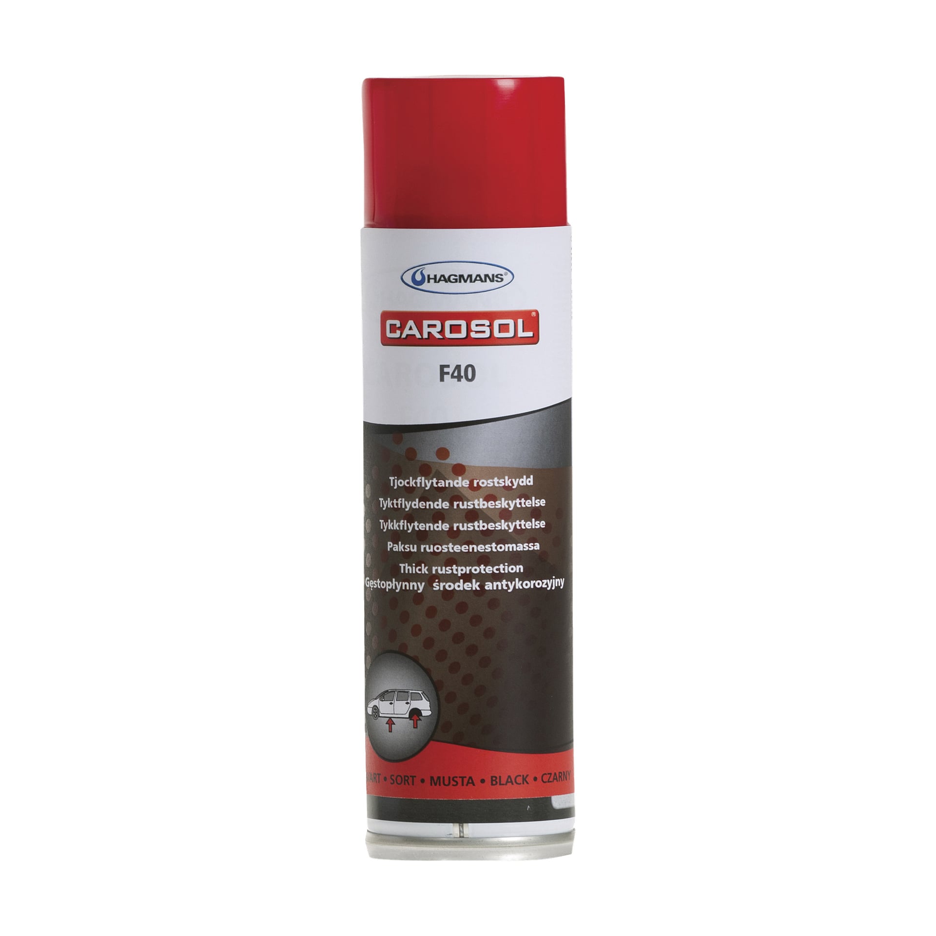 Puszka Hagmans Rust Inhibitor Carosol F40 z czarnym nadwoziem i czerwoną nakrętką, z detalami produktu i zdjęciem małego vana z przodu.