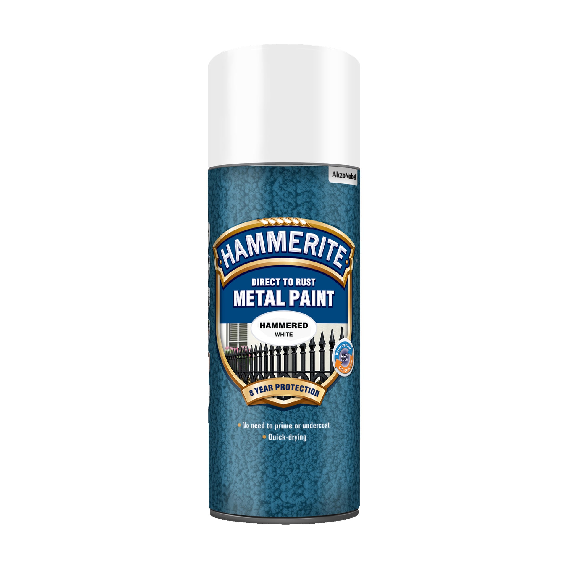 Hammerite Metal Paint burk i Hammered White-finish, som annonserar 8 års skydd, ingen grundfärg eller underfärg krävs, och snabbtorkning. Den blå etiketten visar en illustration av ett svart metallstaket.