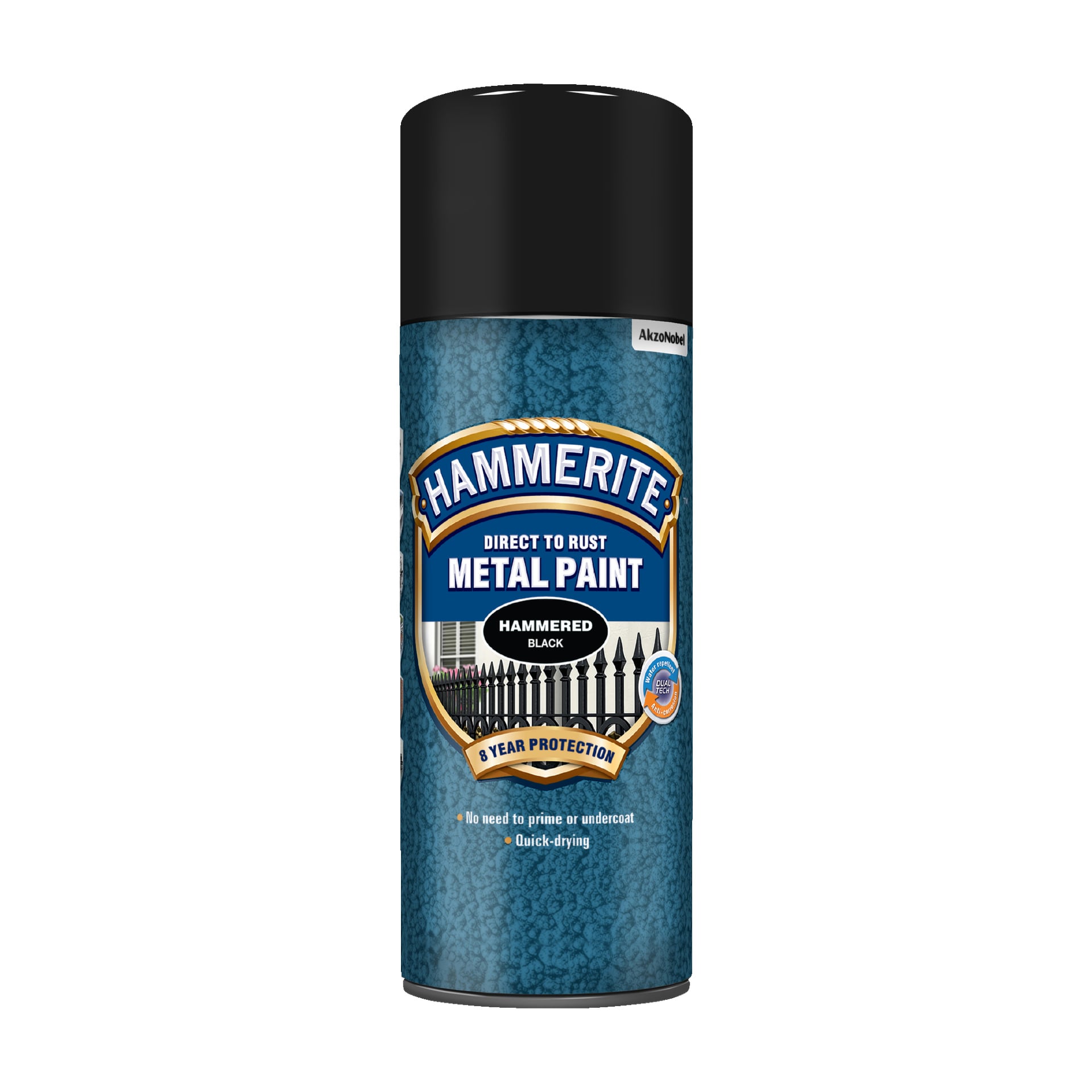 Hammerite Metal Paint burk i Hammered Black, med svart lock och blå texturerad etikett, har upp till 8 års skydd, behöver inte grundfärg eller underfärg, och torkar snabbt av sig.