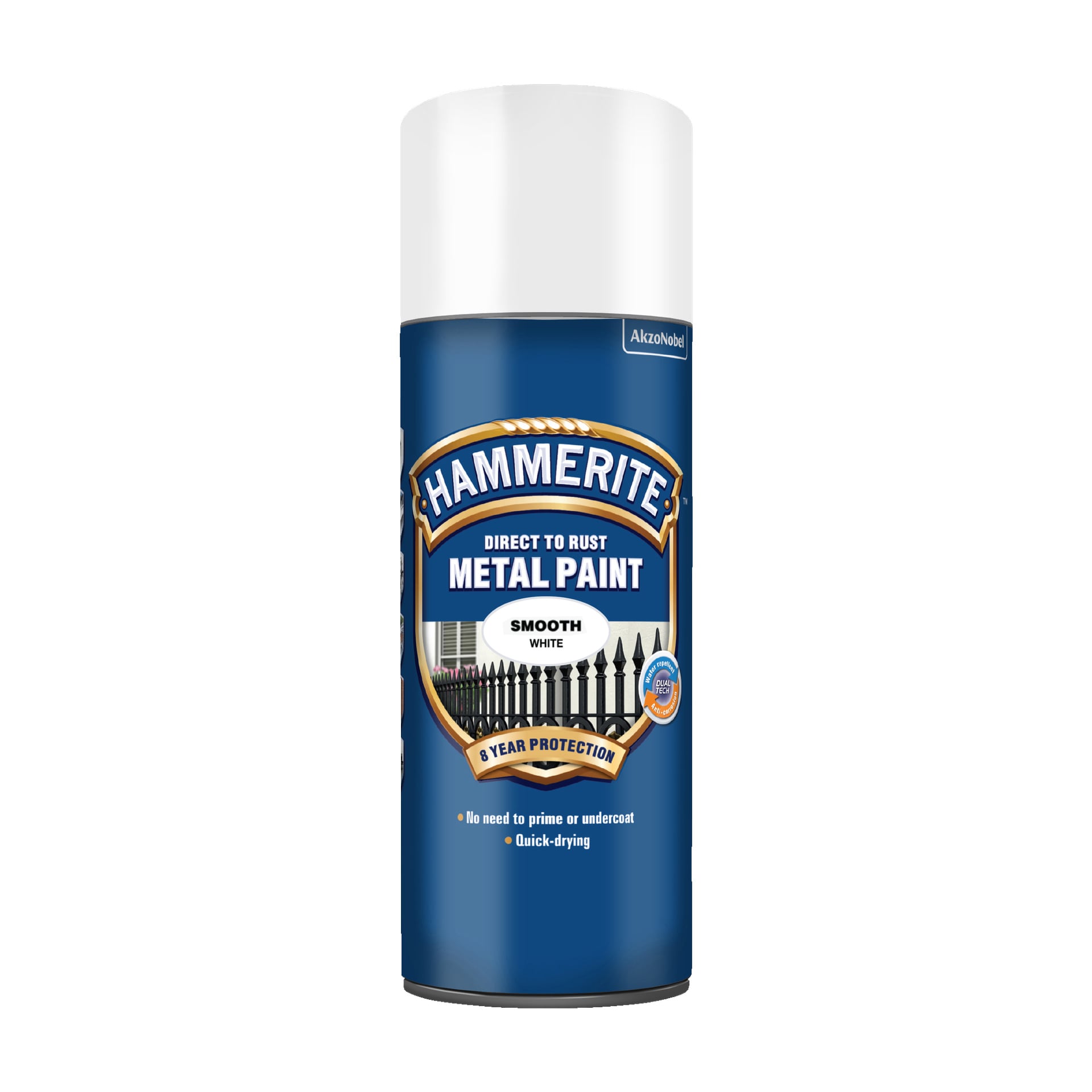 En vit Hammerite Smooth-lackburk kan hävda att ingen grundfärg eller grundfärg behövs, torkar snabbt och ger skydd i upp till 8 år. Etiketten visar en bild på ett svart metallstaket.