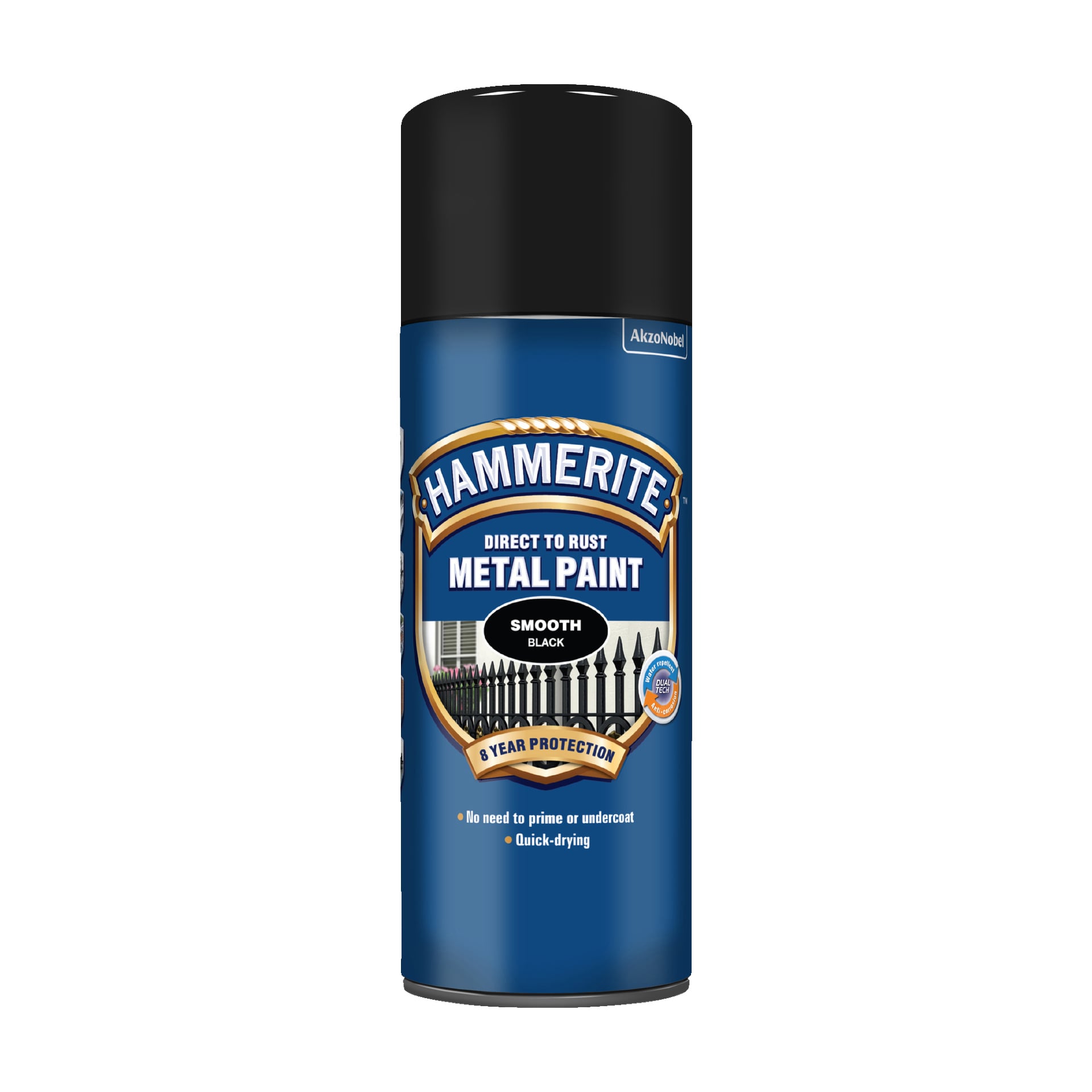 Hammerite Smooth svart färgburk lovar 8 års skydd, torkar snabbt och kräver ingen grundfärg eller underlack. Burkdesignen använder mestadels svarta och blå toner med blanka metalliska högpunkter.