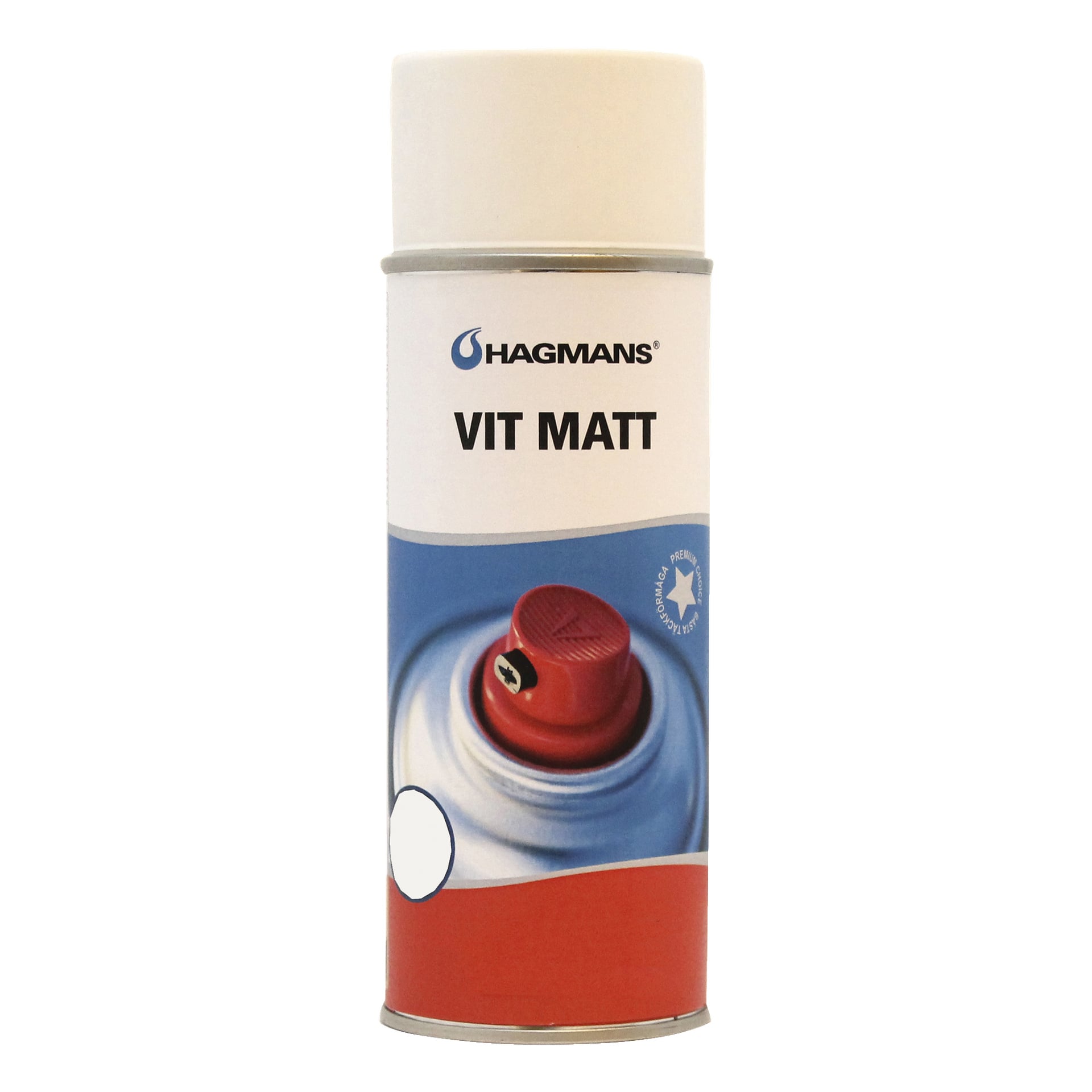 En Hagmans sprayboks med hvit hette og rød dyse, med blå og røde etiketter på fronten.