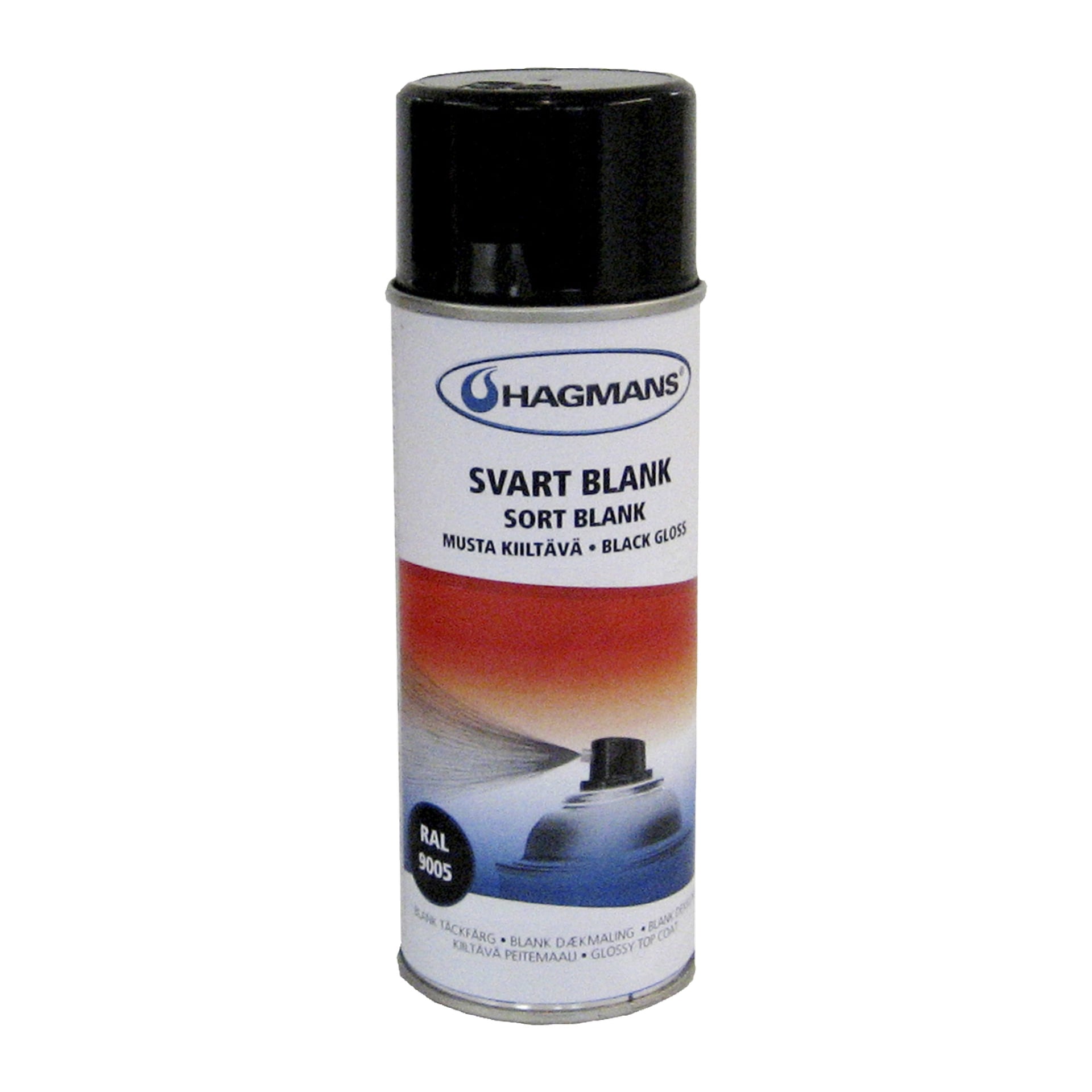 En boks Hagmans spraymaling med svart blank finish (Svart Blank), RAL 9005 og svart lokk. Etiketten inneholder trykt tekst og viser et bilde av en bildel på bakgrunn med røde og blå farger.