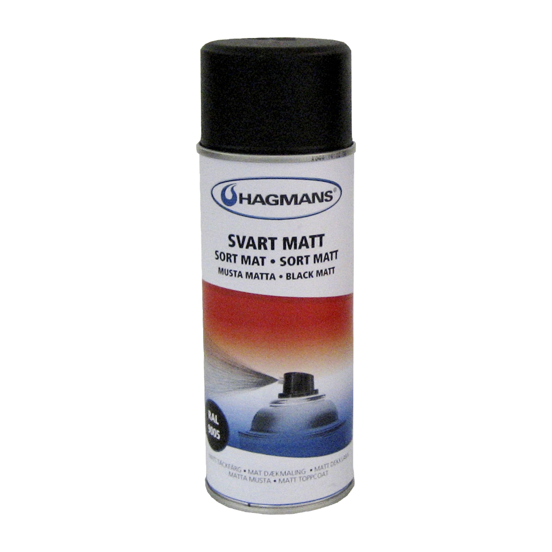 En burk Hagmans sprayfärg märkt "Spraypaint" med "Svart Matt (Black Matt)" och en bild av ett svart, matt-lackat föremål visades på framsidan.