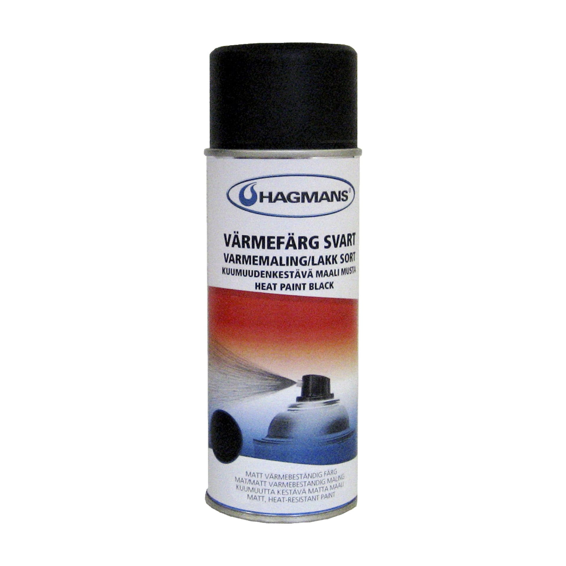 En høy sprayboks med Hagmans Thermal-maling med svart lokk og ulike produktdetaljer på etiketten, inkludert et bilde av en malt overflate nær bunnen.