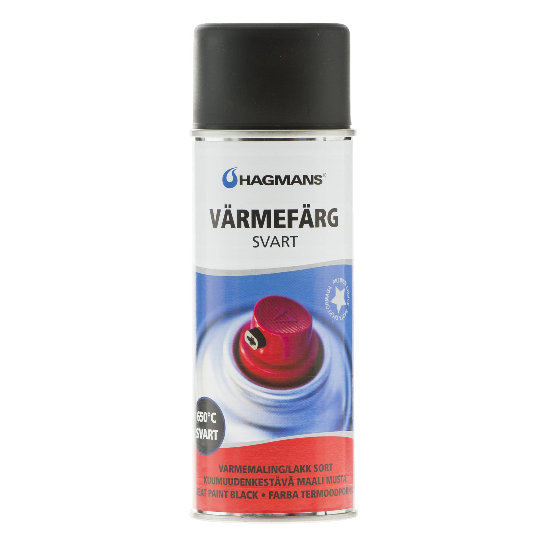 Hagmans Thermal -maalispraypurkki, jossa on punainen suutin, merkitty VÄRMEFÄRG SVART ja 650°C SVART-merkki.