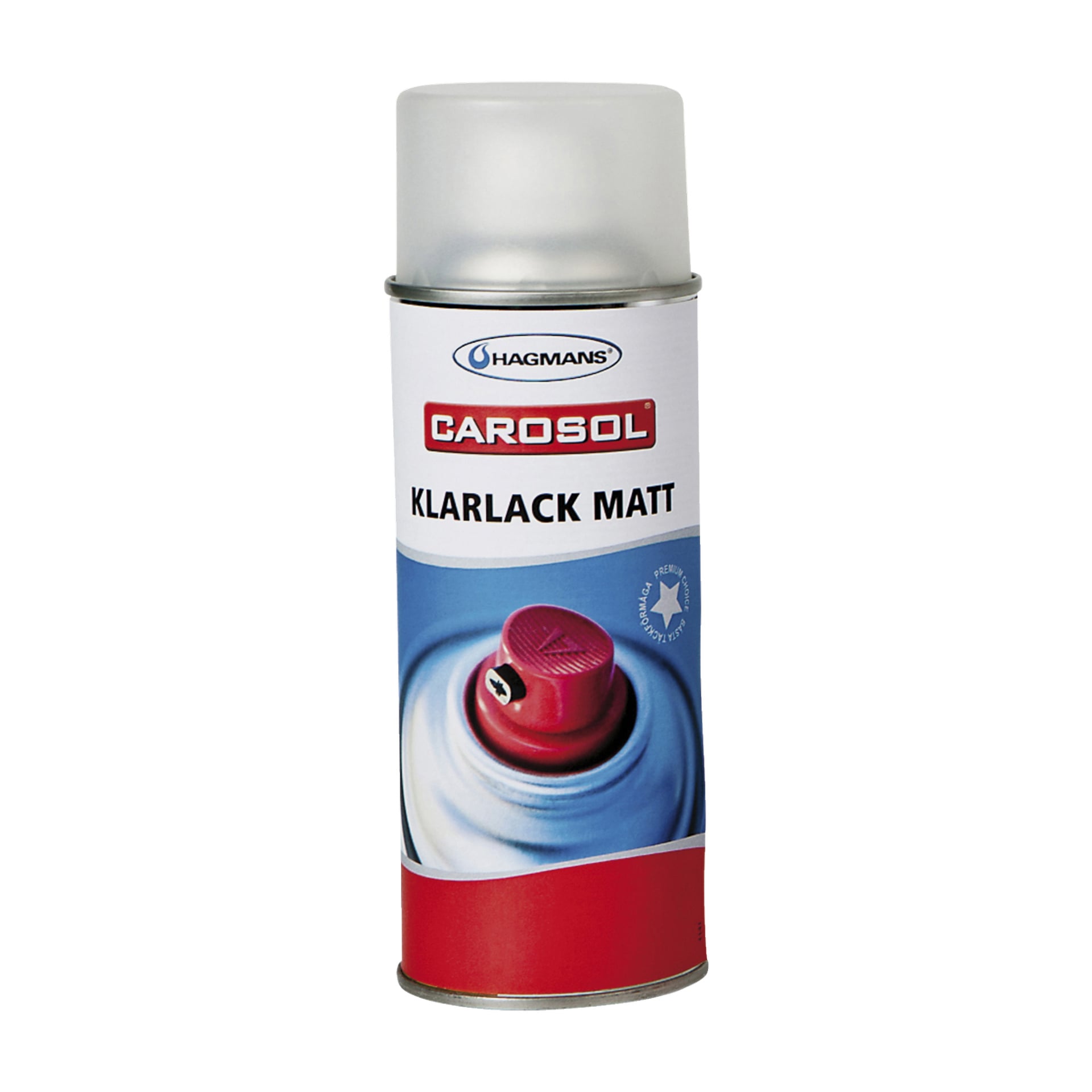 En sprayboks fra Hagmans Varnish med rødt, grått og blått design vises. Den har en gjennomsiktig hette, og bildet fremhever et detaljert bilde av spraydysen.