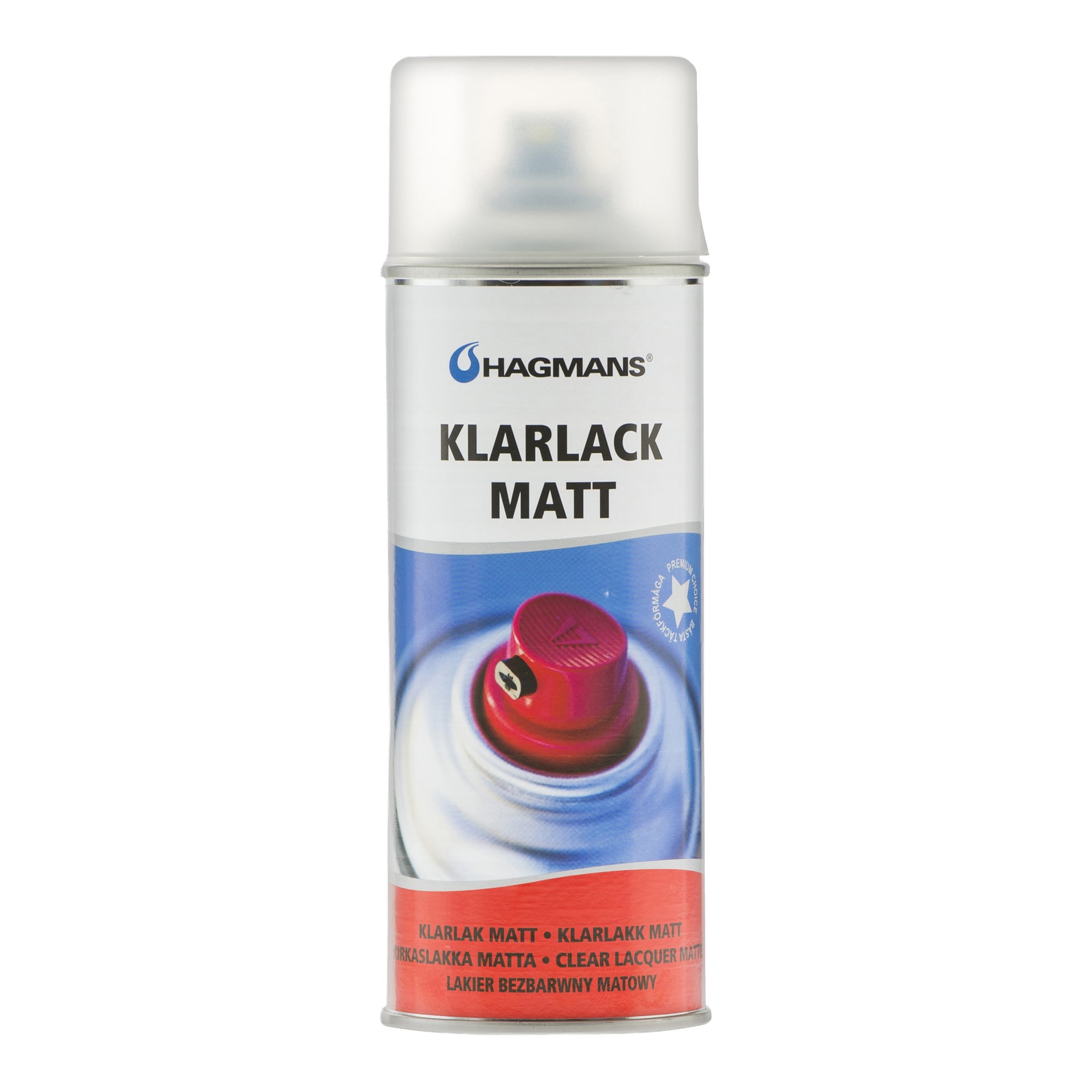 Hagmans Varnish -aerosolipurkki, jossa on teksti KLARLACK MATT ja grafiikka punaisesta suihkusuuttimesta.
