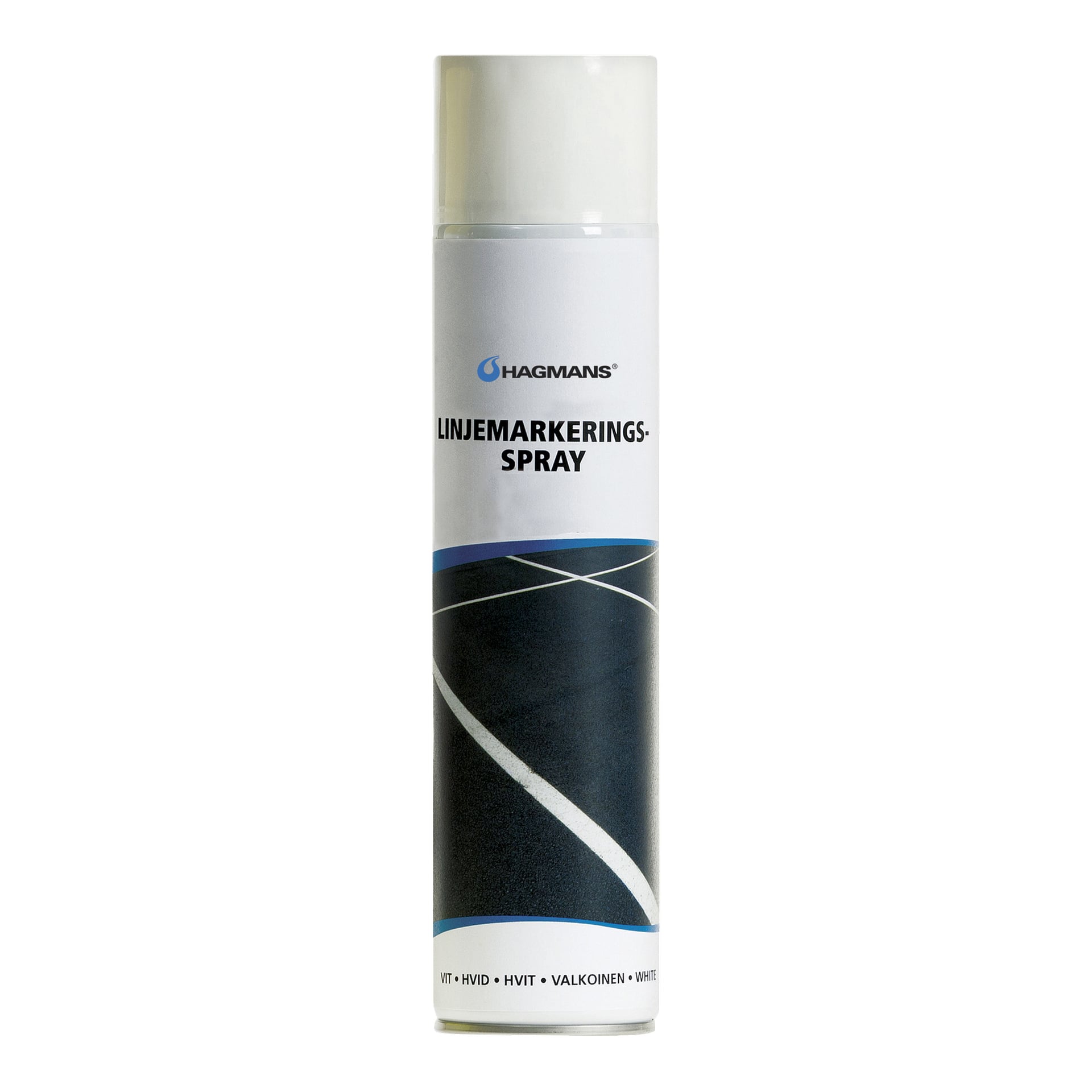 Hagmansin viivamerkintäsuihkepullo, jossa lukee LINJEMARKERINGS-SPRAY ja VIT • HVID • HVIT • VALKOINEN • VALKOINEN.
