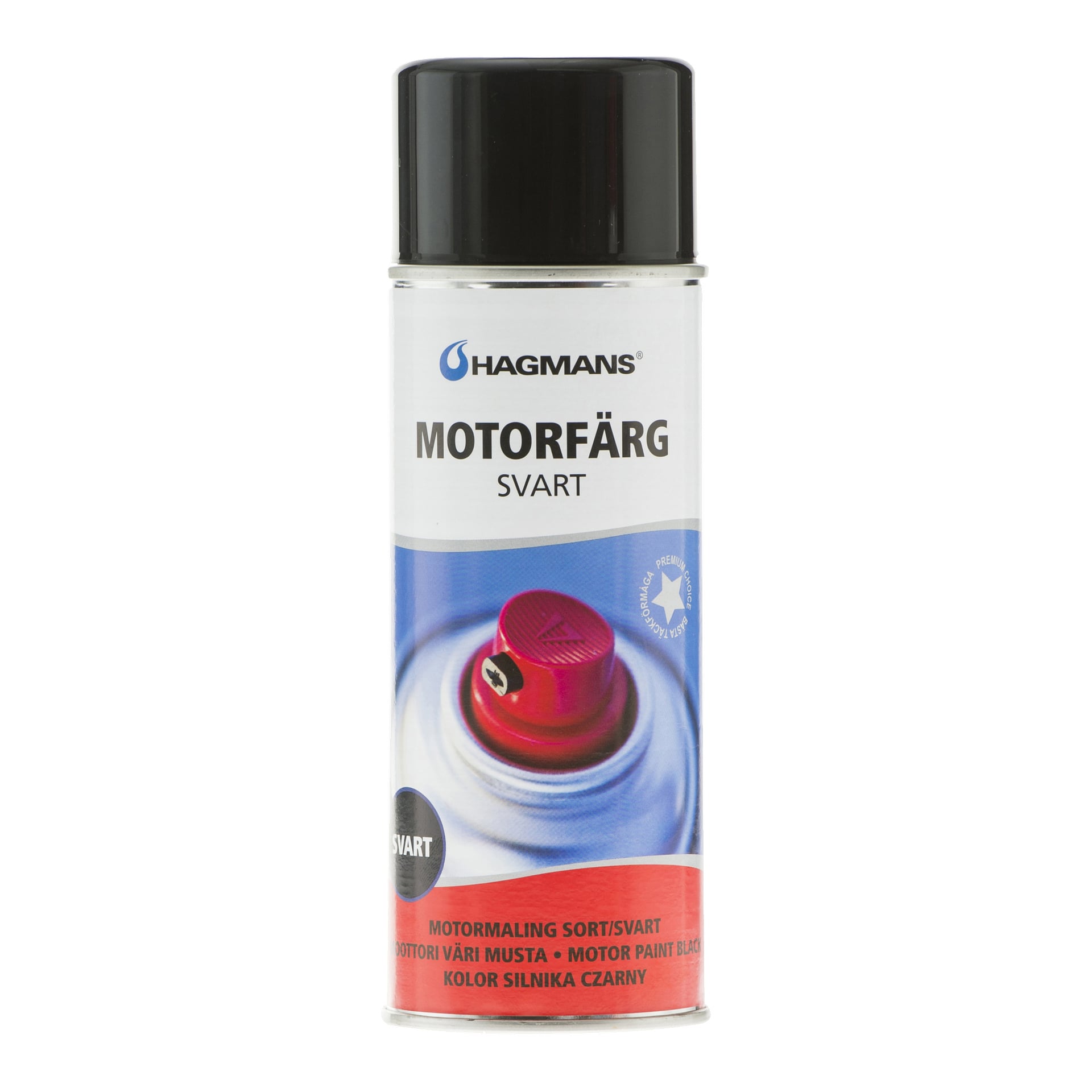 Hagmansin moottorin maali aerosolispraypullo, jossa on musta korkki ja punainen suutin, lukemilla MOTORFÄRG SVART ja MOTOR PAINT BLACK.