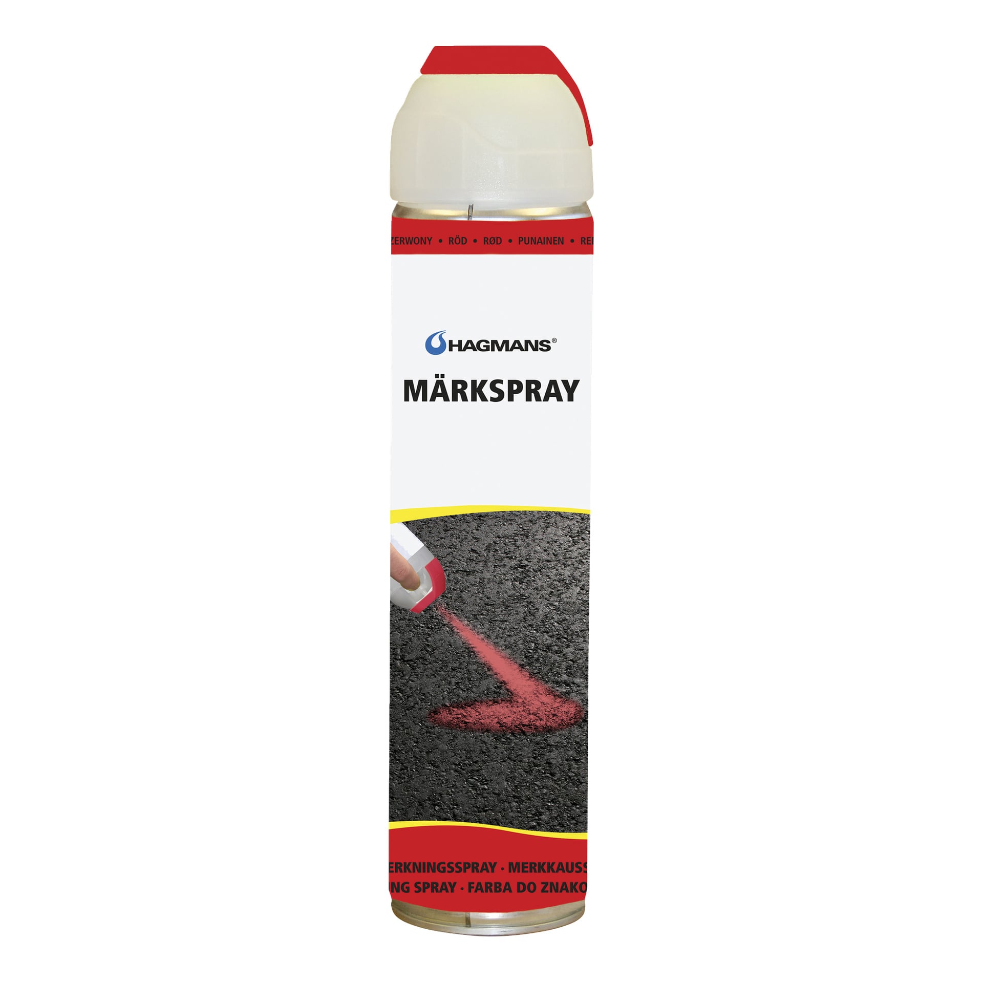 Ręka używająca puszki sprayu Hagmans Markering, by nałożyć linię czerwonej farby na asfalt.