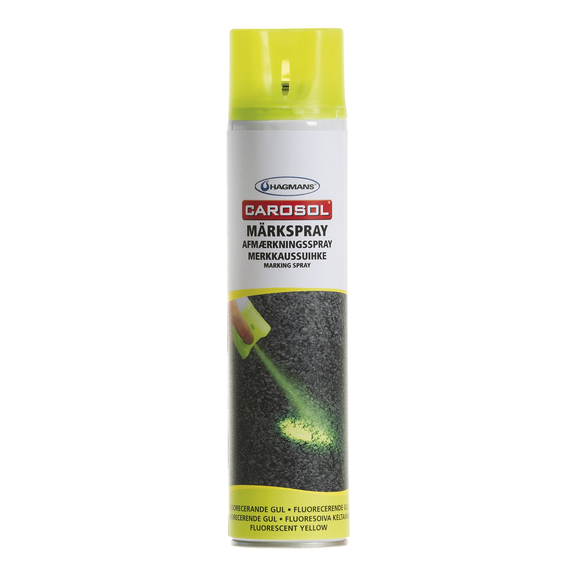 En gul boks med Hagmans Marking-spray med ulike etiketter, som viser et bilde av fluorescerende gul spray som påføres asfalt.