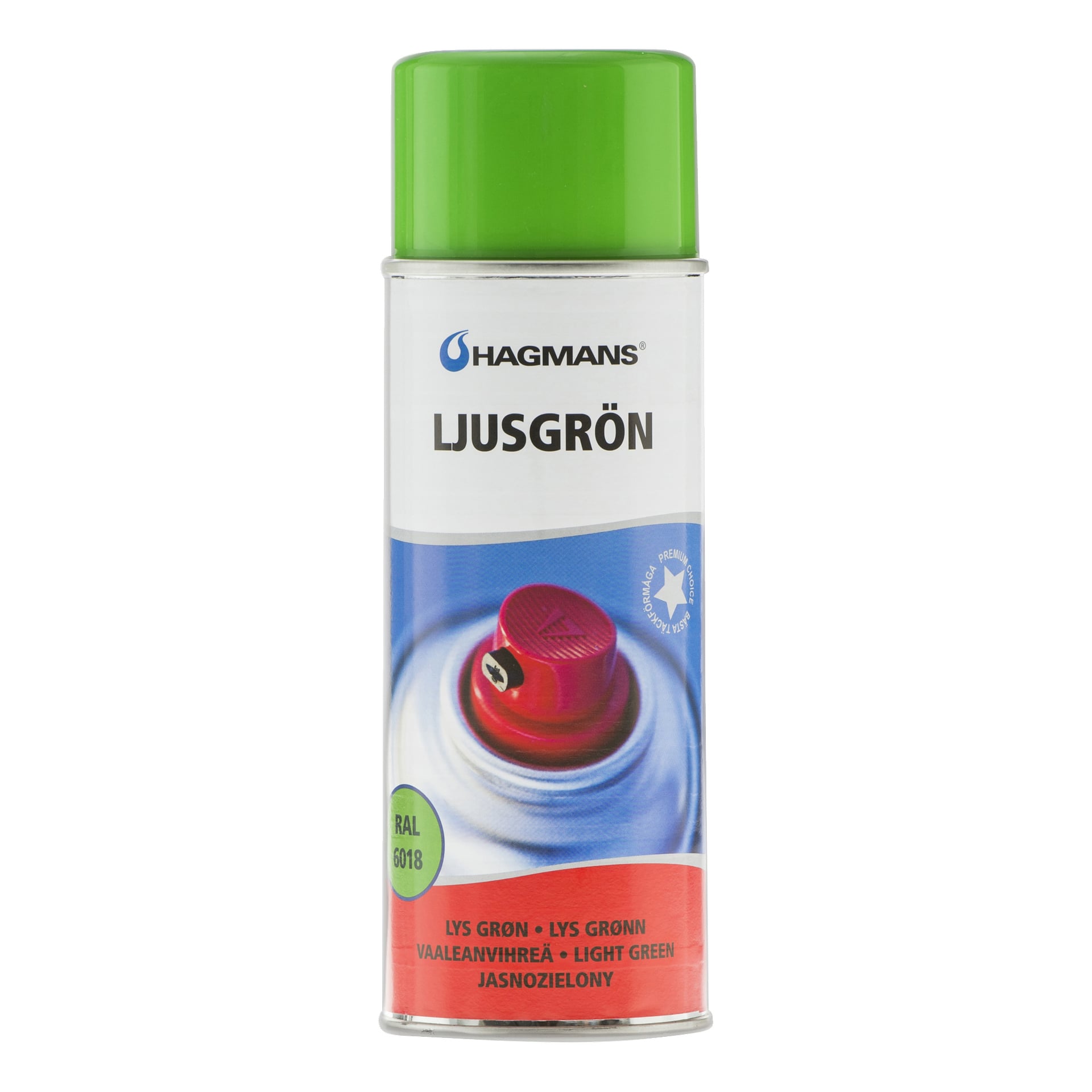 Hagmans sprayboks med en knallgrønn hette, merket LJUSGRÖN og RAL 6018, med teksten LYS GRØNN • LYS GRØNN VAALEANVIHREÄ • LYS GREEN JASNOZIELONY nederst.