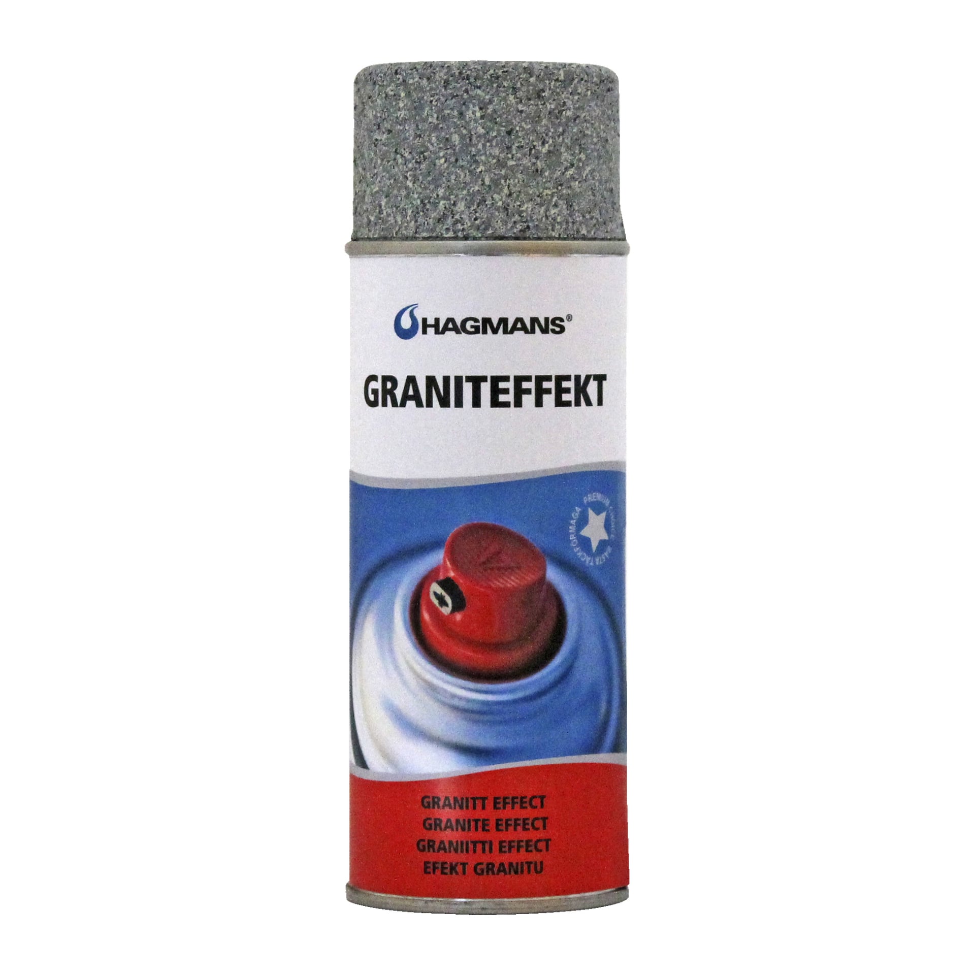 En burk Hagmans Sprayfärg med en grå texturerad lock och en röd och blå etikett med "GRANITEFFEKT" i stora svarta bokstäver. Etiketten innehåller också flera översättningar av "Granite Effect."
