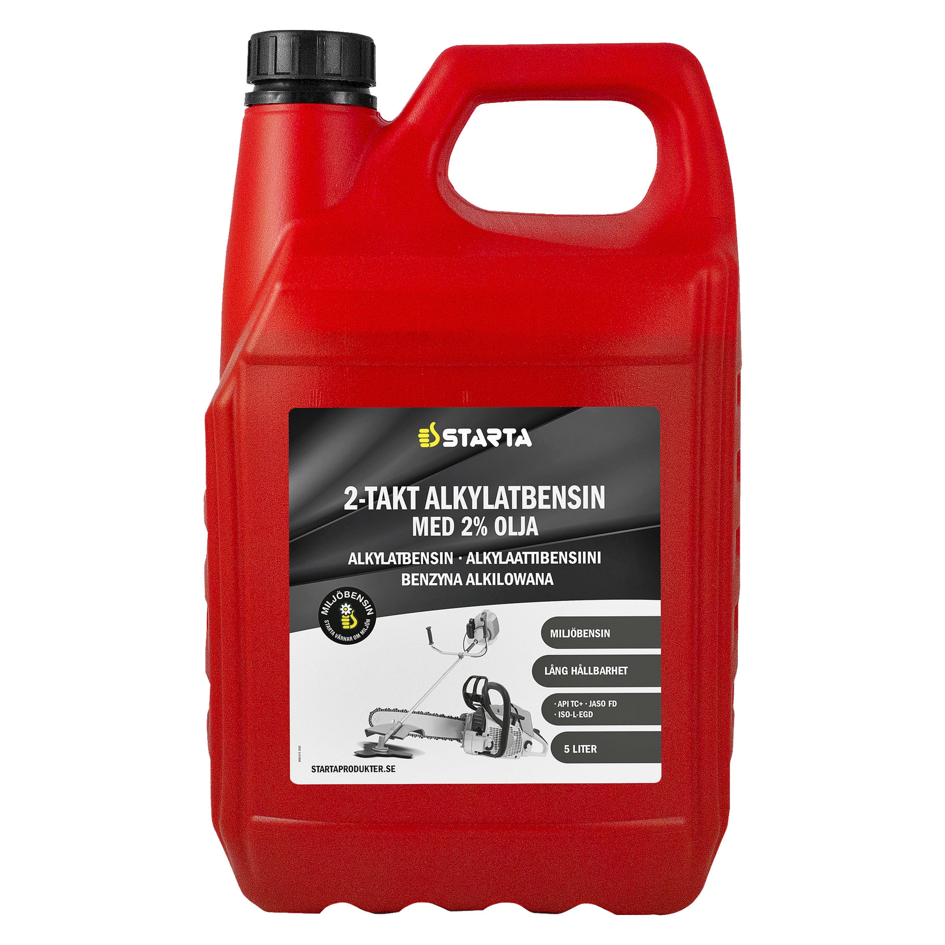 En rød 5-liters plastbeholder med Starta Alkylate bensin 2-takts med svart kork og håndtak, med en etikett som inkluderer en motorsagillustrasjon, produktinformasjon på flere språk og teksten "2-Takt Alkylatbensin Med 2% Olja.".