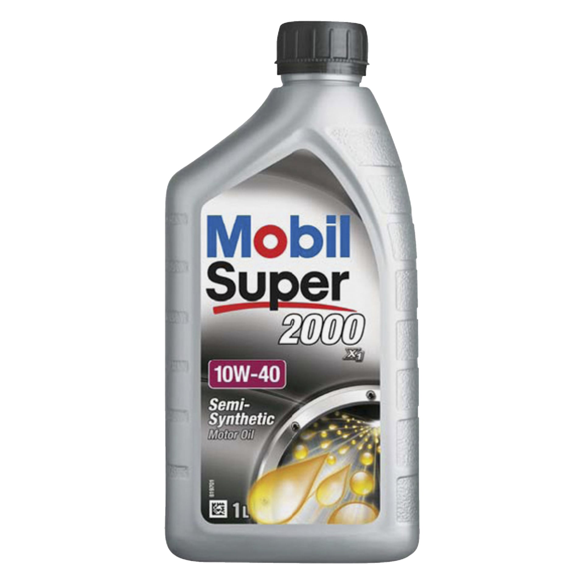 En 1-liters Mobil Super 2000 halvsyntetisk motoroljeflaska med grå kork och en etikett med produktinformation och en illustration av oljedroppar.