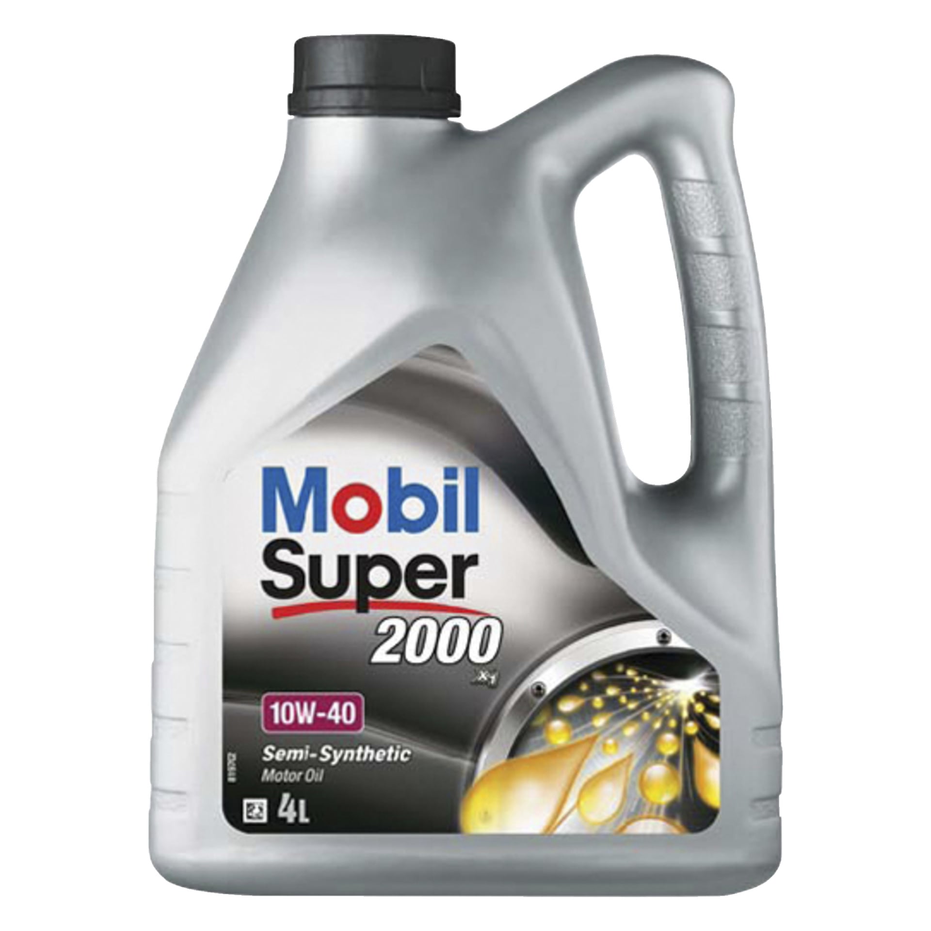 En silverfärgad 4-liters Mobil Super 2000 motoroljebehållare, märkt 10W-40, visar bilder av oljedroppar och motorkomponenter på etiketten. Den har svart lock och ett handtag som är lätt att greppa.