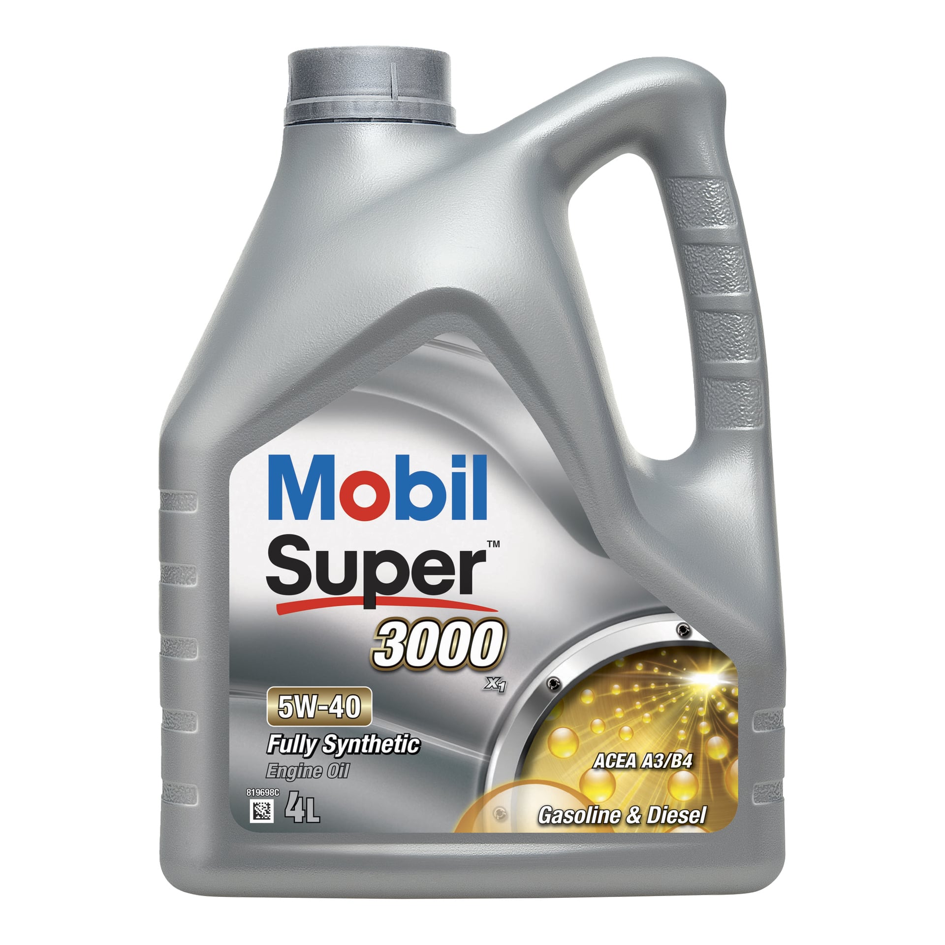 En grå 4-liters kanna med Mobil Super 3000 helsyntetisk motorolja, märkt med viskositetsgraden 5W-40. Frontetiketten lyfter fram ACEA A3/B4-standarder för både bensin- och dieselbilar och inkluderar en metallisk, oljeinspirerad design.