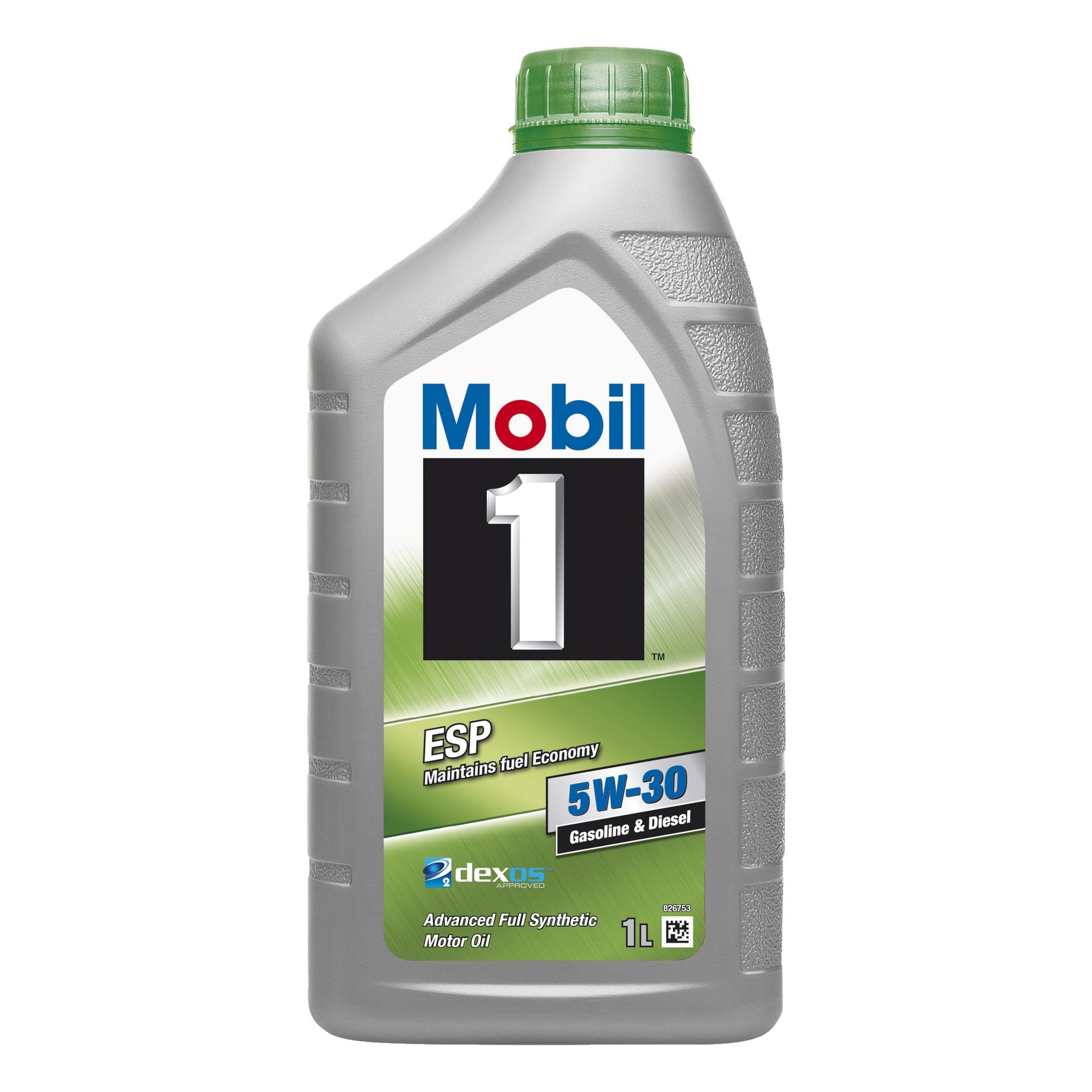 Harmaa 1-litrainen Mobil 1 ESP Formula -moottoriöljypullo Mobililta, tarkoitettu bensiini- ja dieselmoottoreille, vihreällä korkilla ja vihreällä etiketillä, jossa näkyy tuotetiedot ja brändäys.