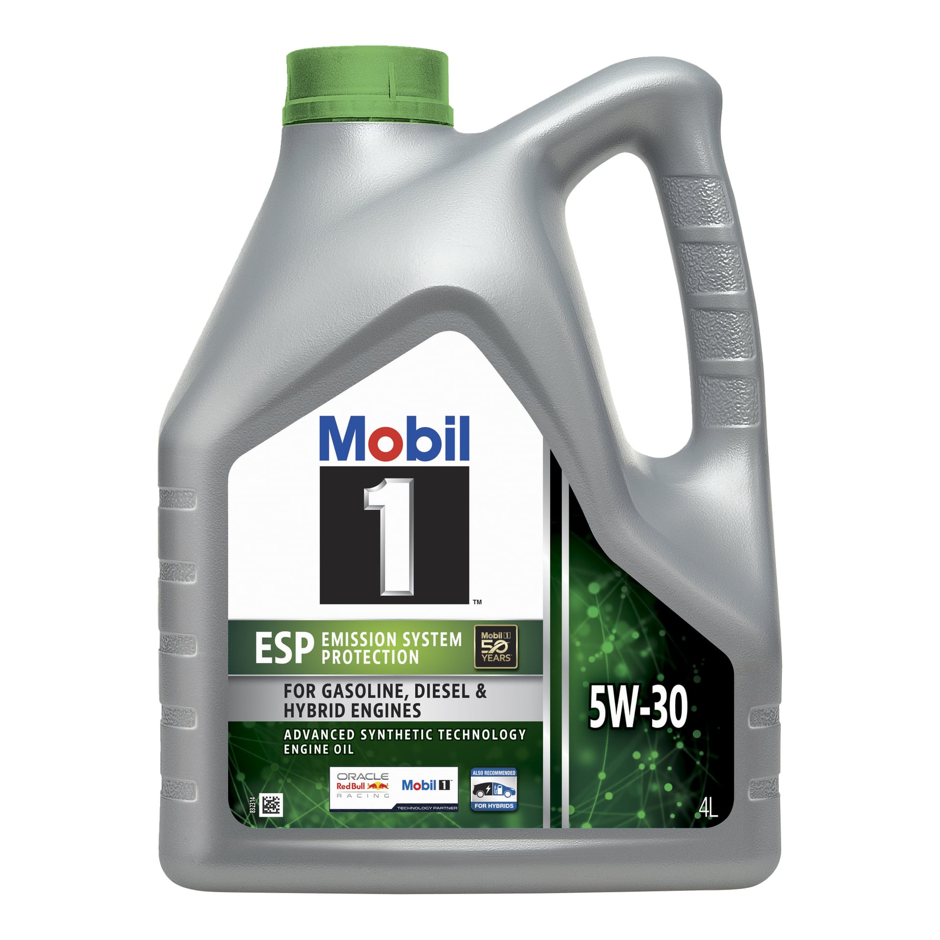 En grå, 4-liters Mobil 1 ESP Formula motoroljebehållare med gröna och vita etiketter, som lyfter fram syntetisk teknik och Emission System Protection (ESP) för användning i bensin-, diesel- och hybridmotorer.
