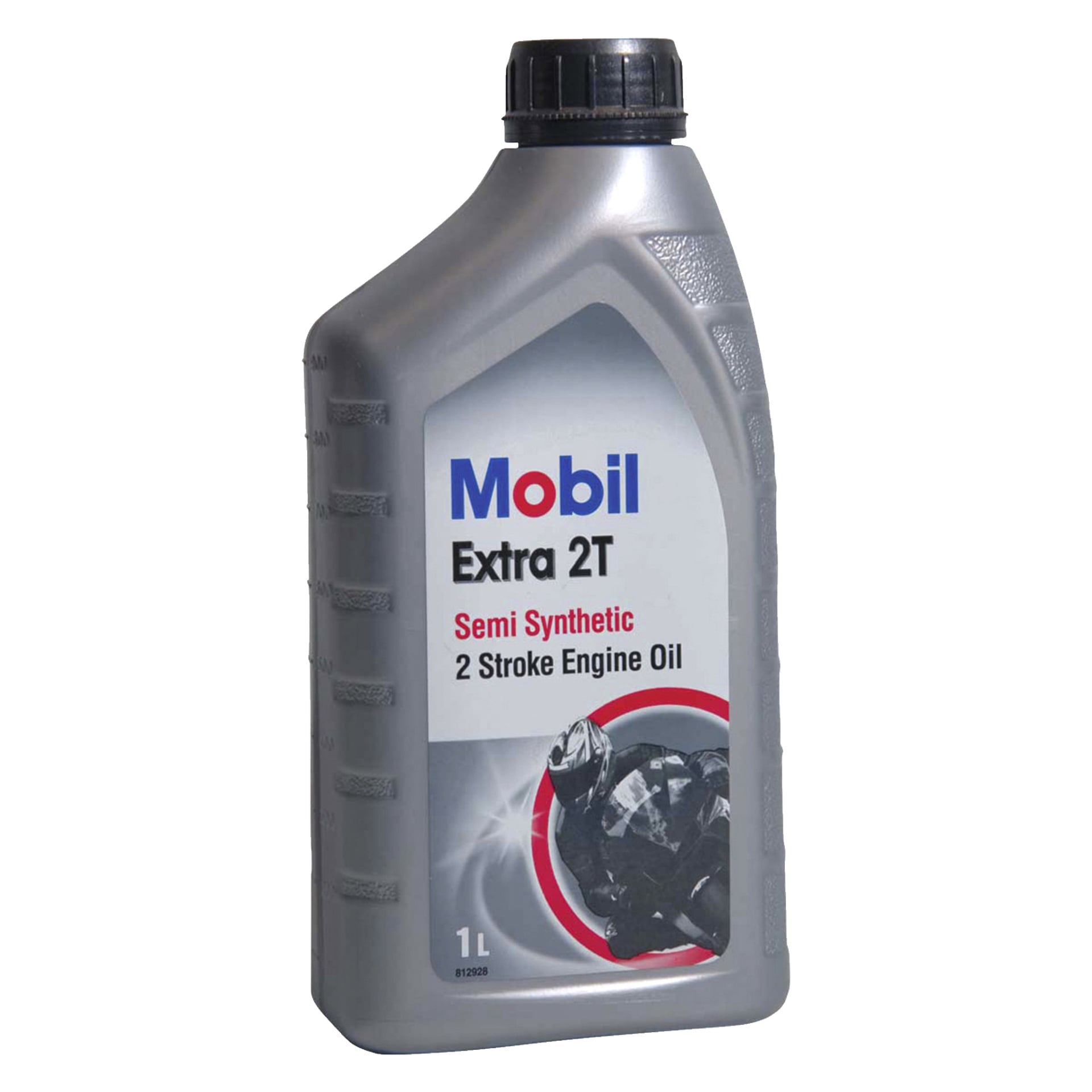 En grå, 1-liters plastflaska Mobil 2-takts olja 2-T Extra med svart kork. Frontetiketten visar Mobils logotyp och en bild av en motorcykel.