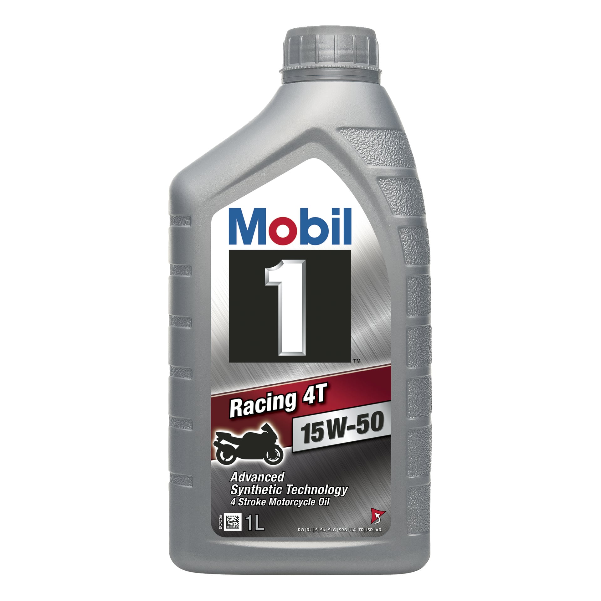 En 1-liters grå plastflaska Mobil Engine Oil Racing 4T GSP med skruvlock och en etikett som visade produktinformation tillsammans med en bild av en motorcykel.