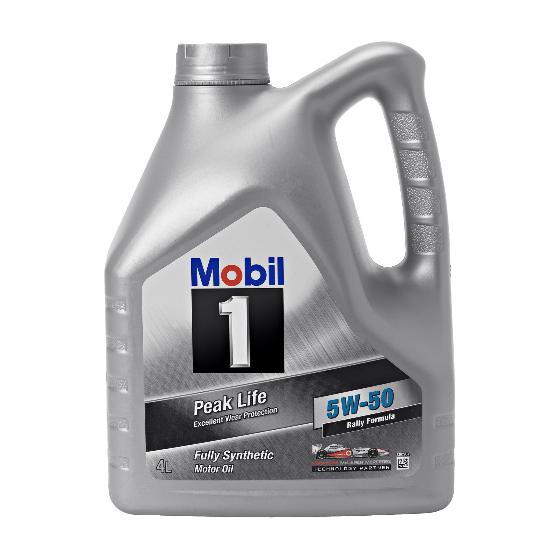 En grå 4-liters plastkanne fra Mobil Engine Oil Peaklife, som viser merkevaren og spesifikasjonene, med et håndtak plassert til høyre.