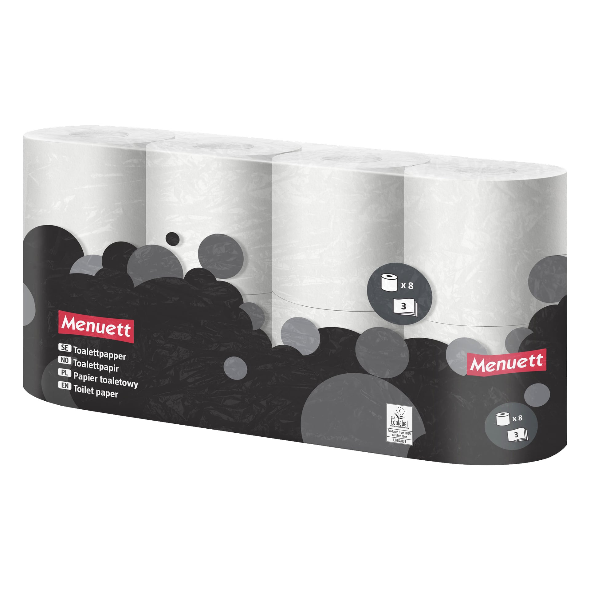 Ett åttapack Menuett-toalettpapper i plastförpackning märkt med Toalettpapper, Toalettpapir, Papiertoaletowy och Toalettpapper.