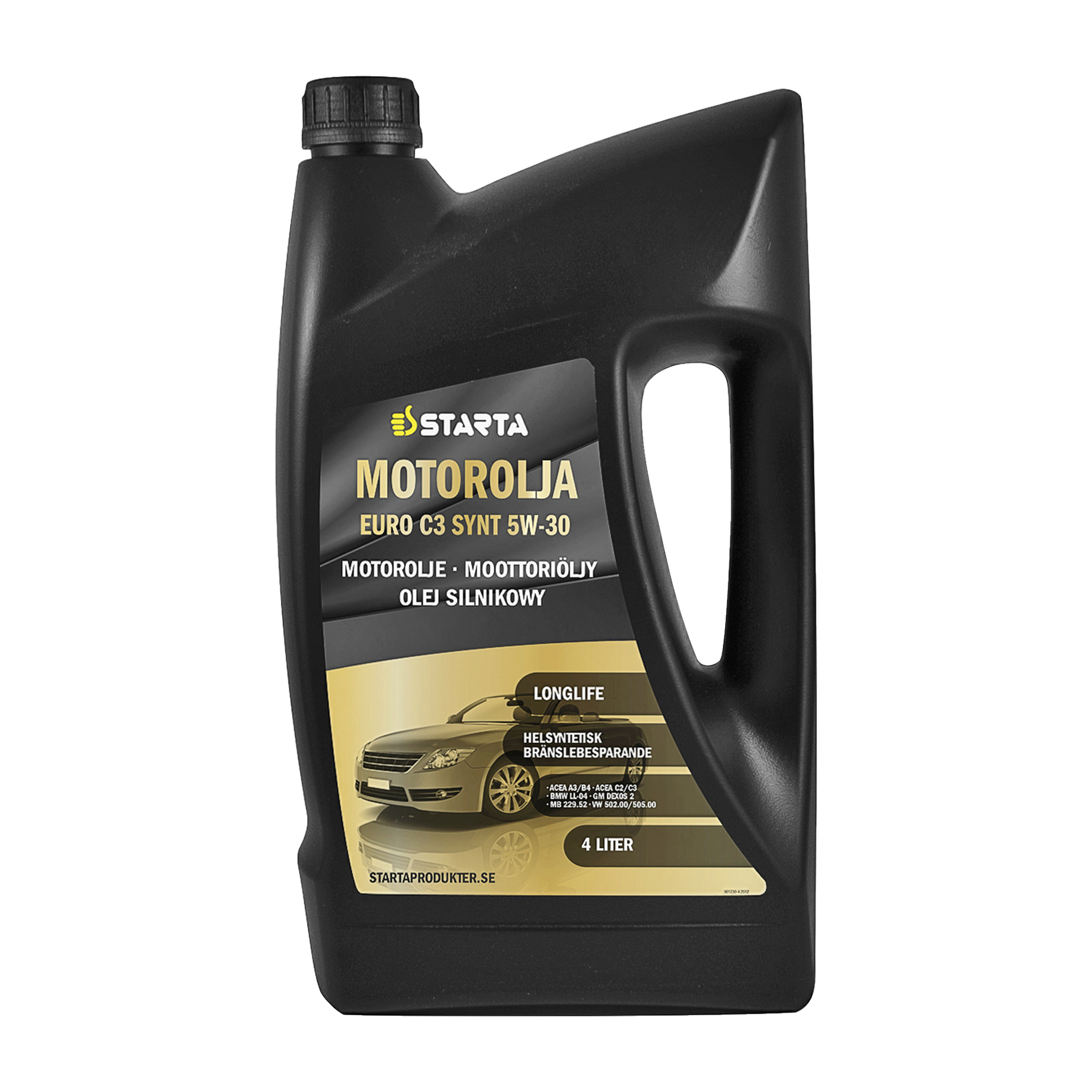 En 4-liters svart kanna med Starta Engine Oil Long Life V, märkt Euro C3 SYNT 5W-30. Etiketten visar en bilgrafik och främjar lång livslängd och bränsleeffektivitet, tillsammans med ytterligare produktinformation.