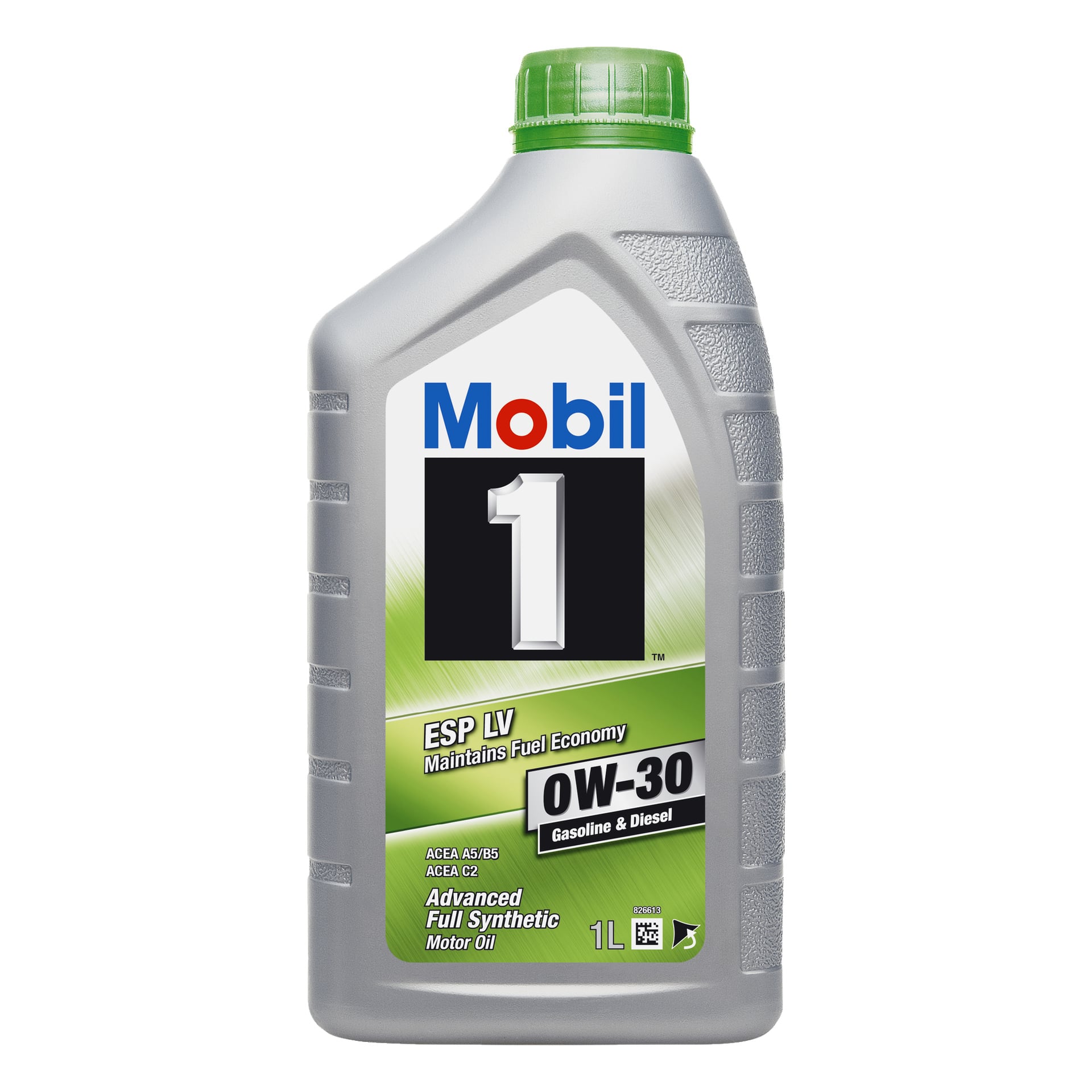 Harmaa yhden litran muovipullo Mobil Fuel Economy Engine Oil -öljyä, jossa on vihreä korkki. Etiketti kertoo, että se on suunniteltu sekä bensiini- että dieselmoottoreille ja auttaa ylläpitämään polttoainetehokkuutta.