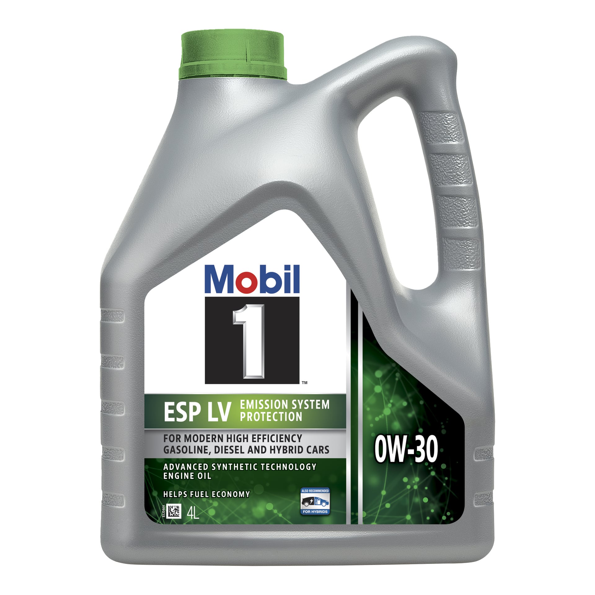 En 4-liters grå plastdunk med Mobil Engine Oil Fuel Economy, med en grön och vit etikett som markerar skydd för utsläppssystemet, kompatibel med bensin-, diesel- och hybridfordon.