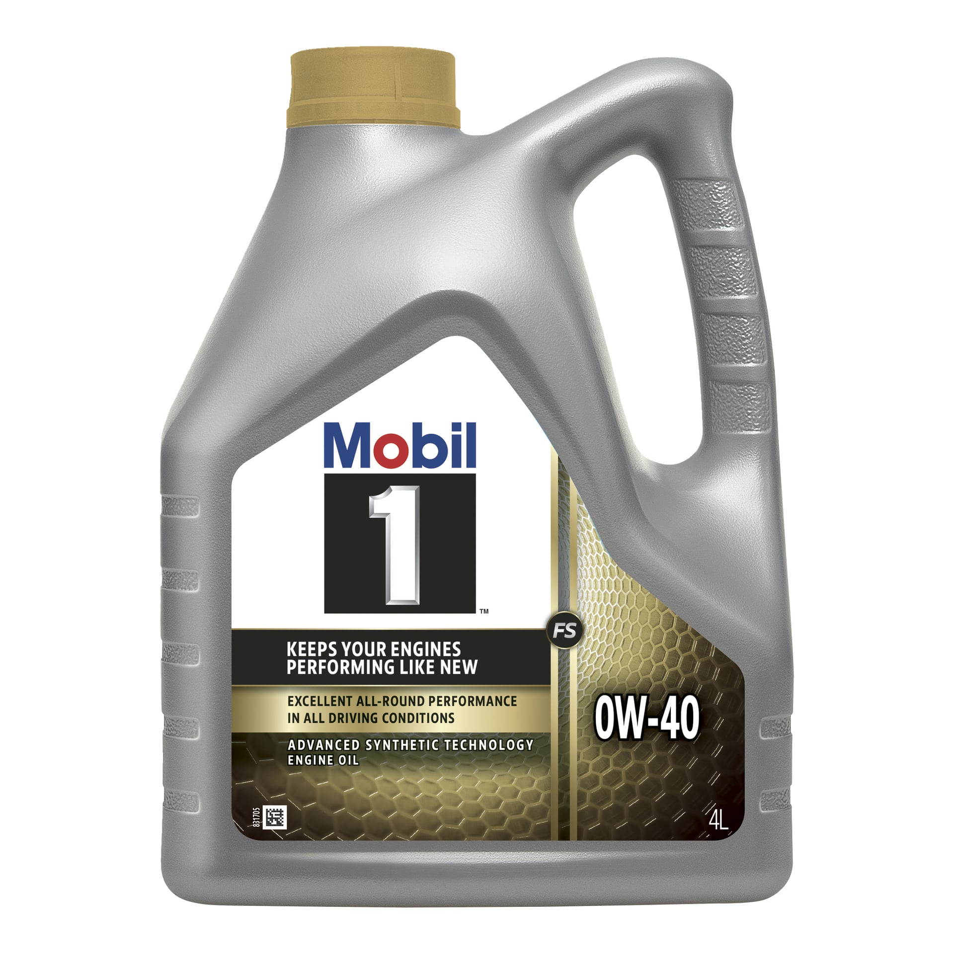 En 4-liters Mobil New Life motoroljebehållare med guldlock. Etiketten visar 0W-40 avancerad syntetisk teknik och understryker dess lämplighet för konsekvent prestanda under alla körförhållanden.