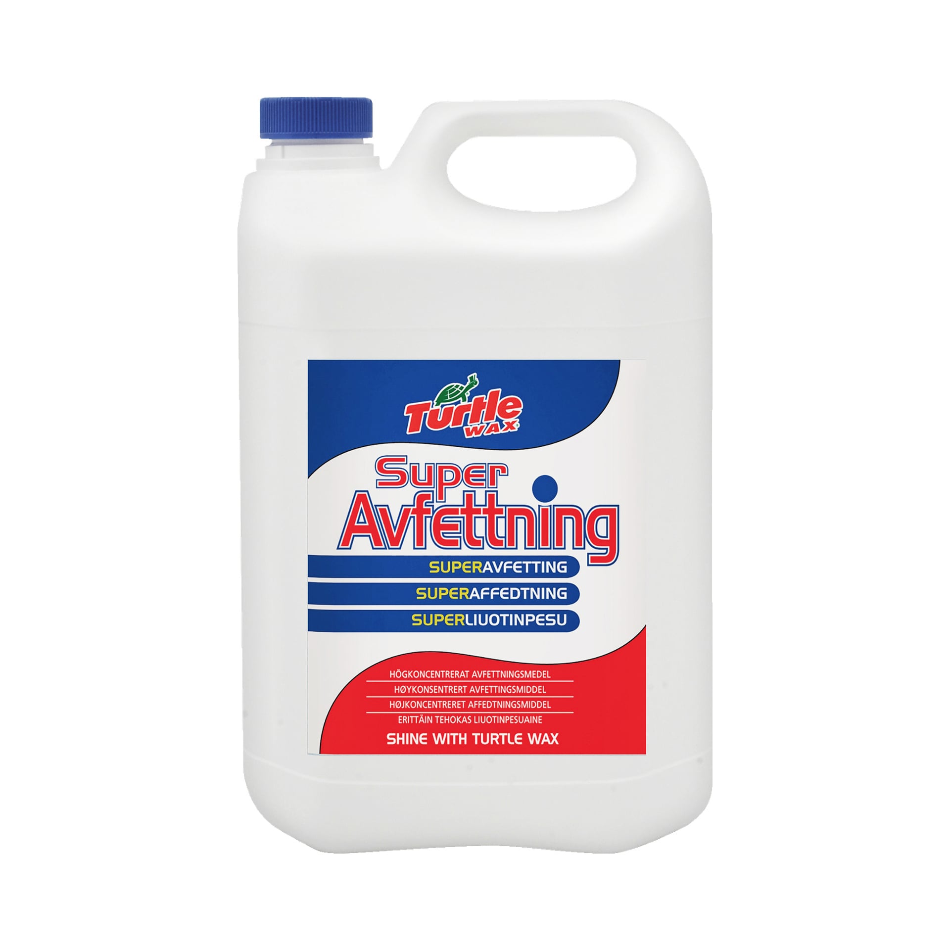 En 5-liters vit plastbehållare med Turtle Wax Cold Degreaser Superavfettning med handtag och blå skruvlock. Etiketten visar produktdetaljer i röd, blå, gul och grön text.