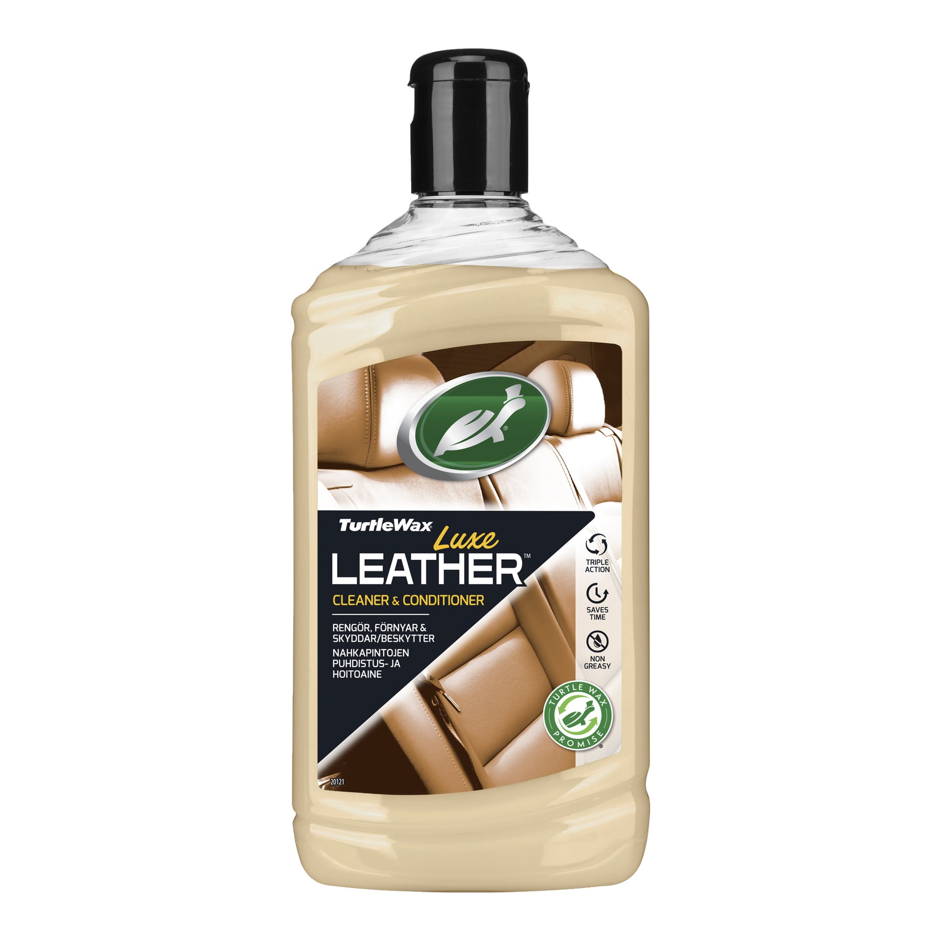 En Turtle Wax Luxe läderrengörings- och balsamflaska med svart lock och en etikett som visar beige lädersäten, för rengöring och balsam.