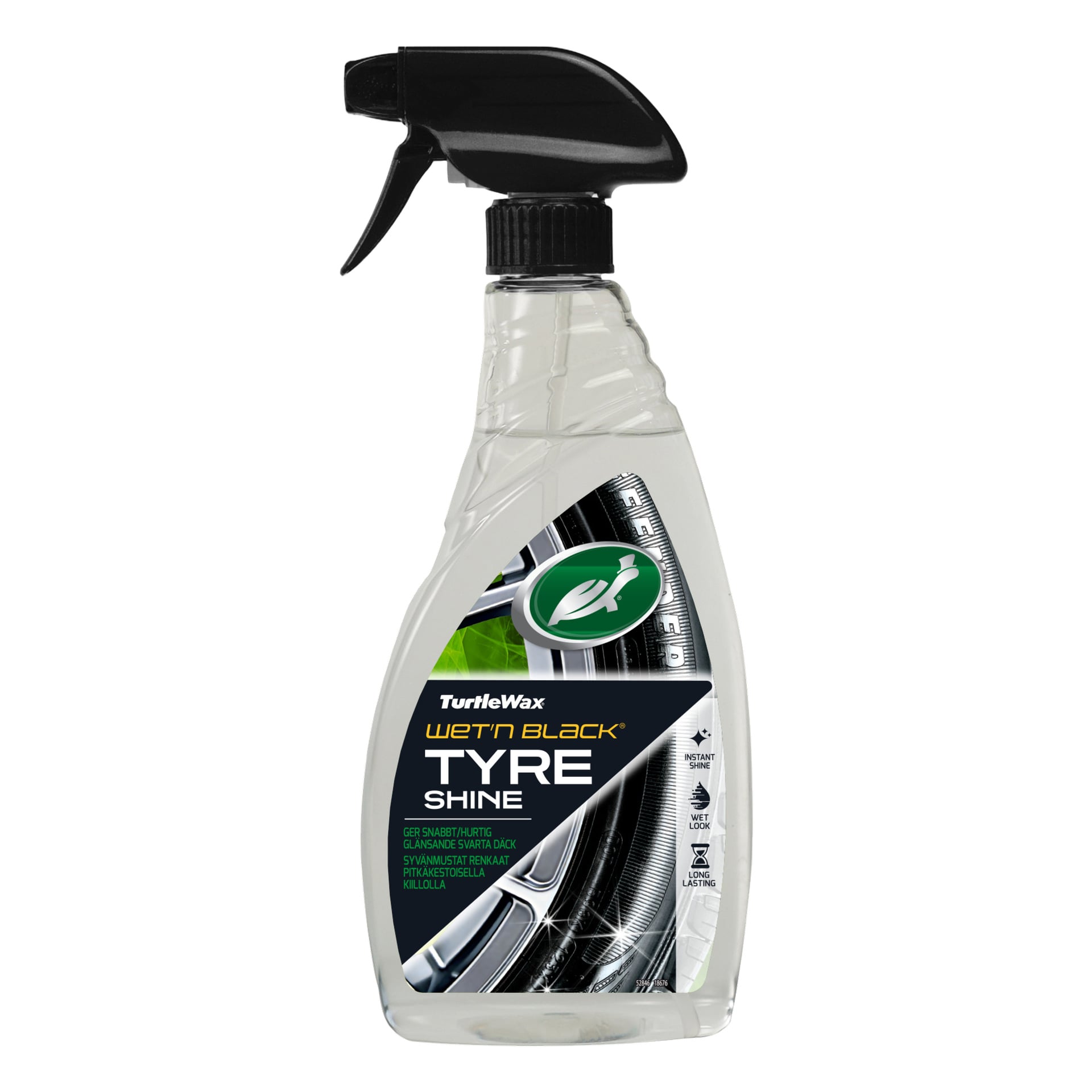 En genomskinlig sprayflaska med Turtle Wax Wet N Black med svart avtryckarmunstycke, och en etikett med en bild på ett bildäck tillsammans med produktinformation.