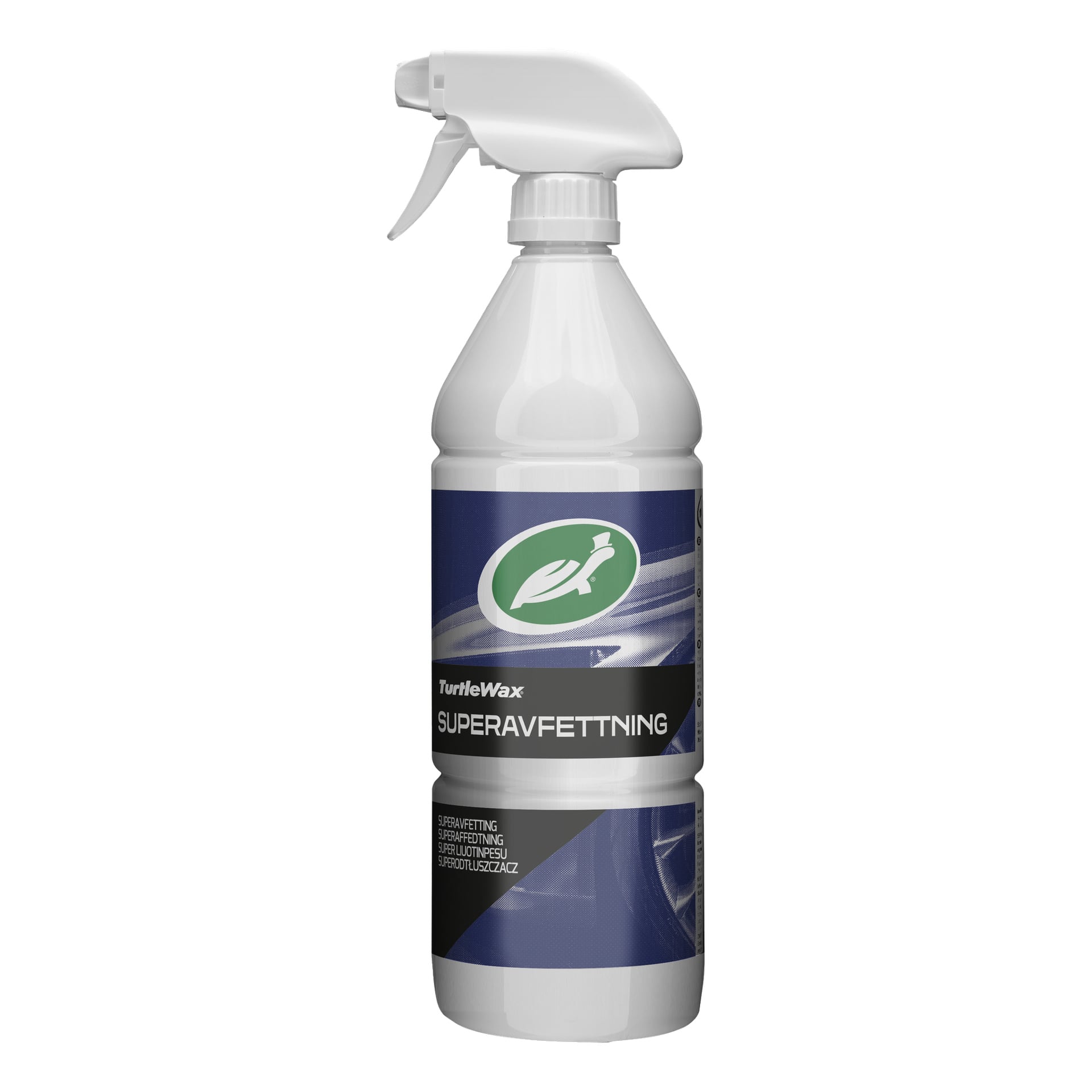 En vit sprayflaska märkt "Cold degreaser Superavfettning" av Turtle Wax, med en grön logga, svart lock, olika texter och en bild på en bilens yta.