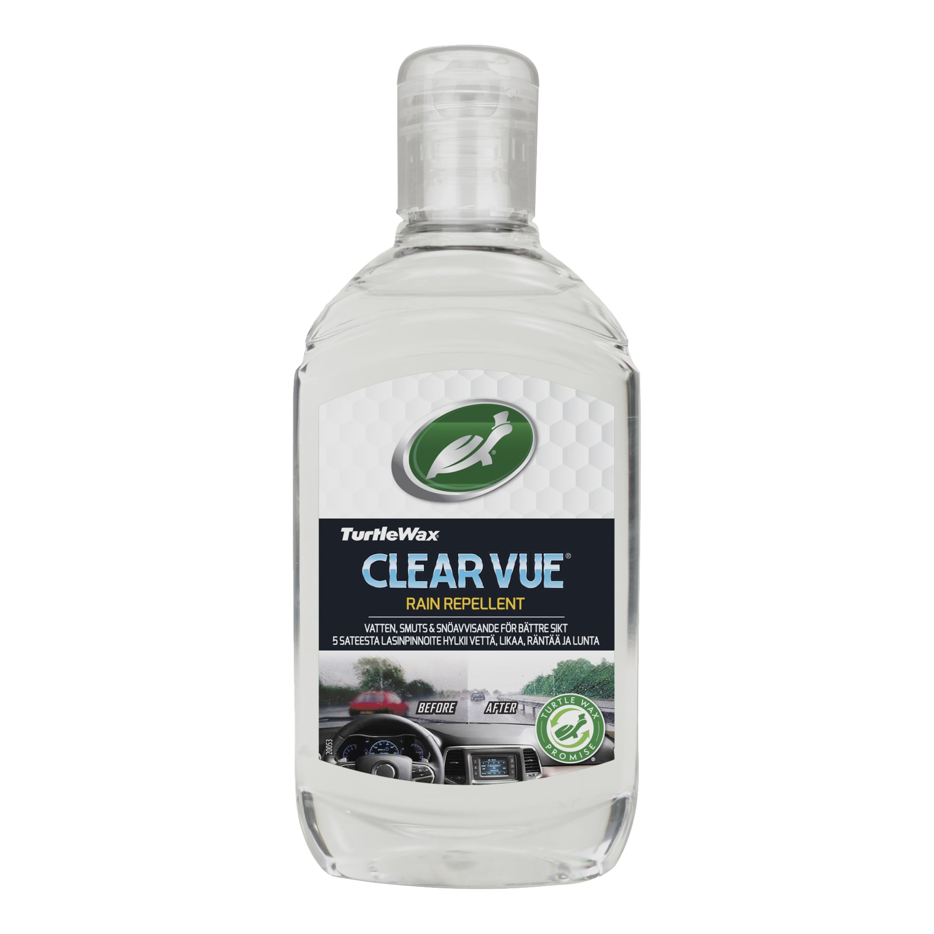 Klar plastflaska med Turtle Wax Clear Vue regnavvisande flaska med grön-vit etikett som visar en före-och-efter-vindrutaeffekt.