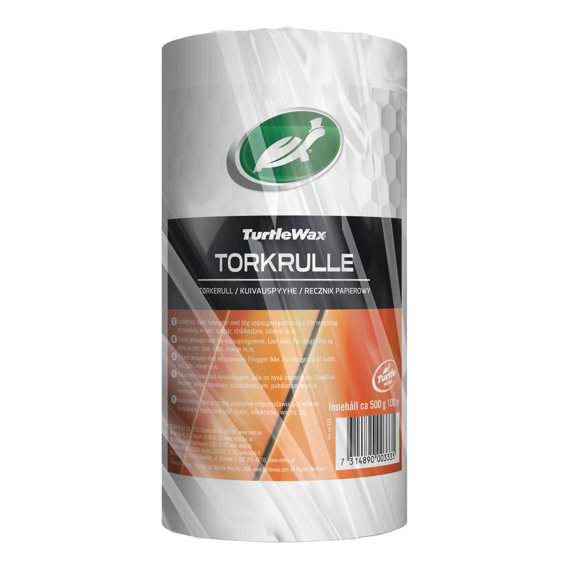 En rulle med Turtle Wax-pappershanddukar märkt Torkrulle, med en grön sköldpaddslogotyp och olika produktdetaljer på förpackningen.
