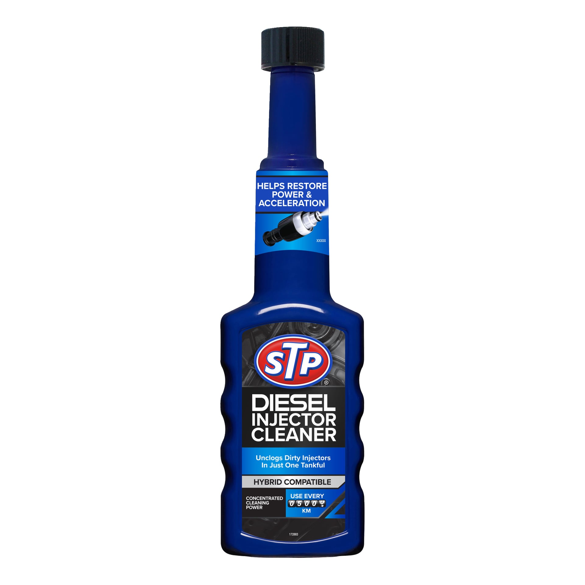 En blå STP Diesel Injector Cleaner-flaska med information om att återuppliva prestanda, rengöra insprutare, hybridanvändning och tips för användning.