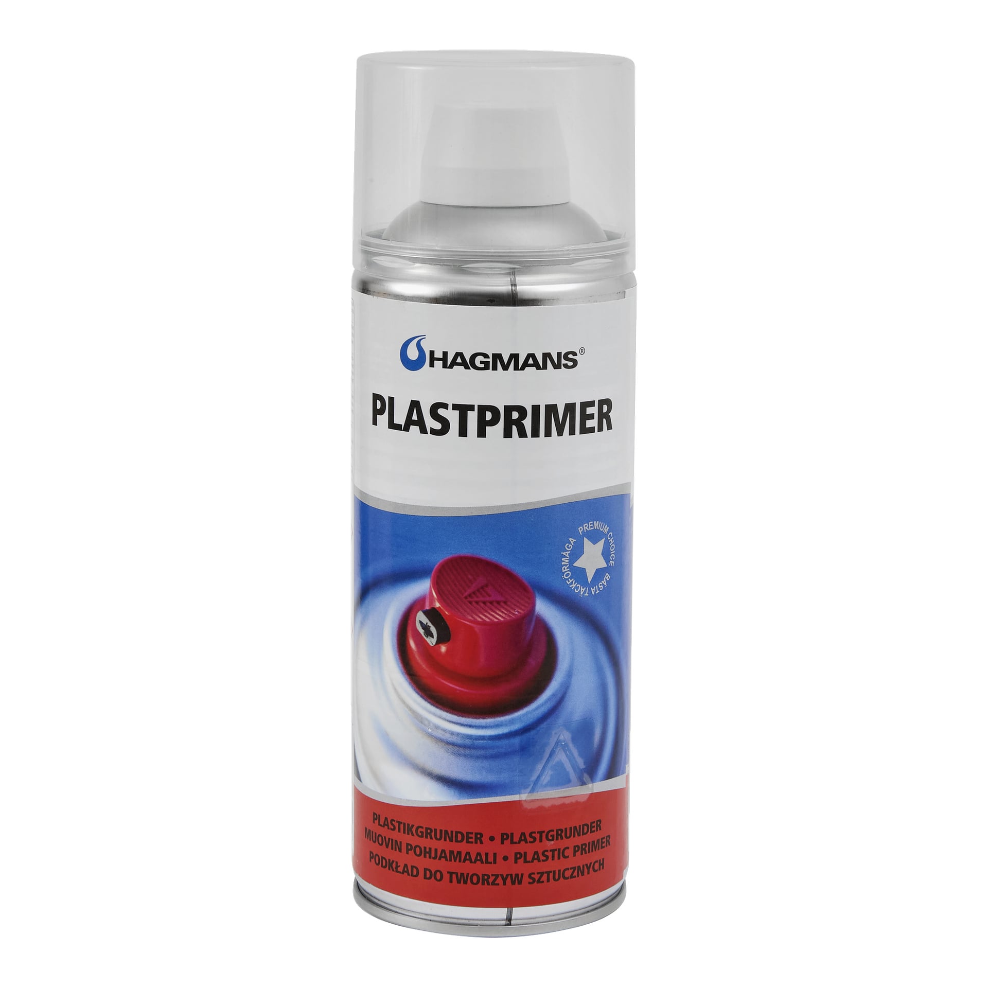 En burk Hagmans Plastprimer-spray med genomskinlig lock, med en röd spraymunstyckesbild och "plastprimer" tryckt på flera sätt.