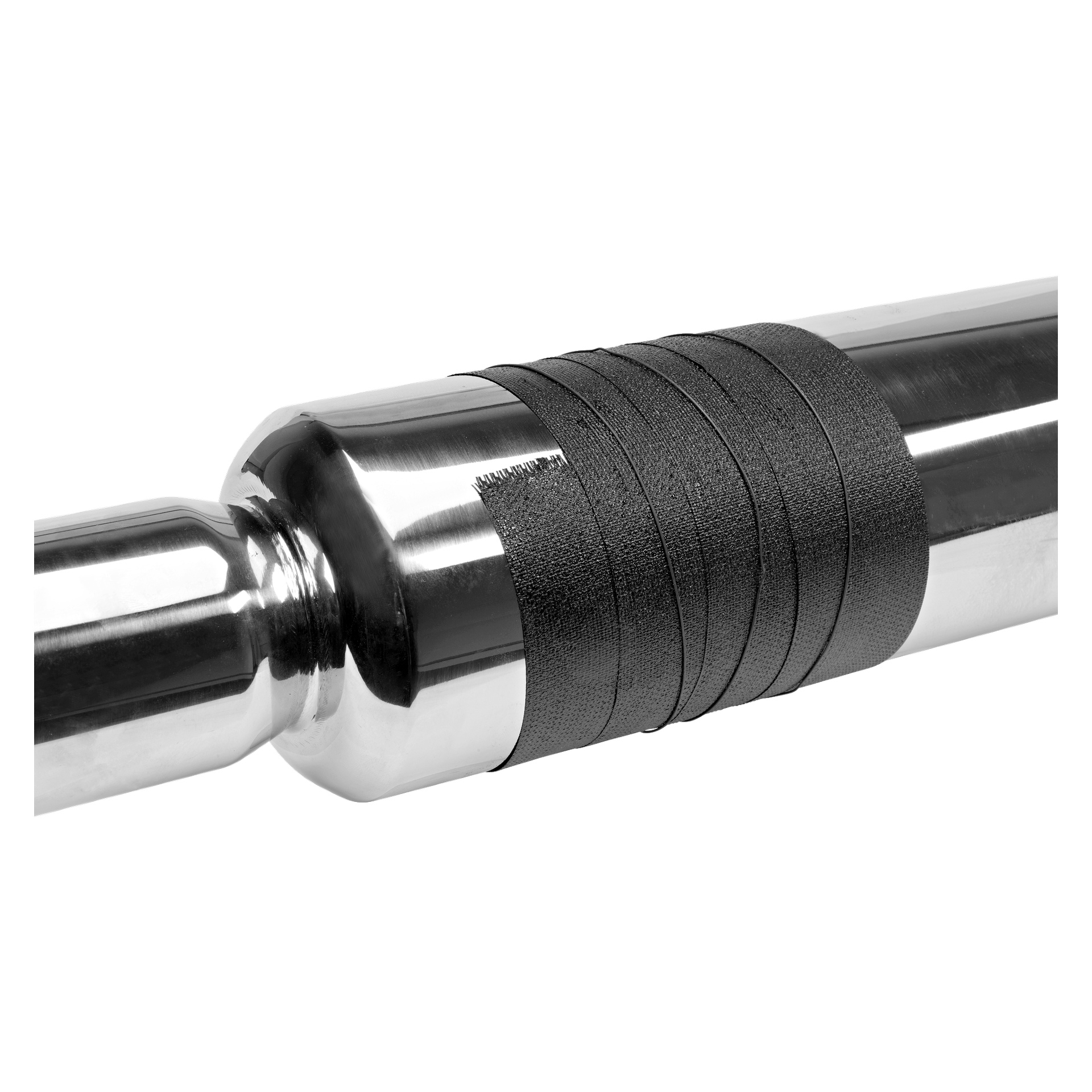Yksityiskohtainen näkymä kiillotetusta metallitangosta näyttää useita kerroksia CRC Silencer -laastaria kiedottuna toiseen päähän, tarjoten lisäpitoa tai suojaa siellä, missä se peittää osan tangosta.