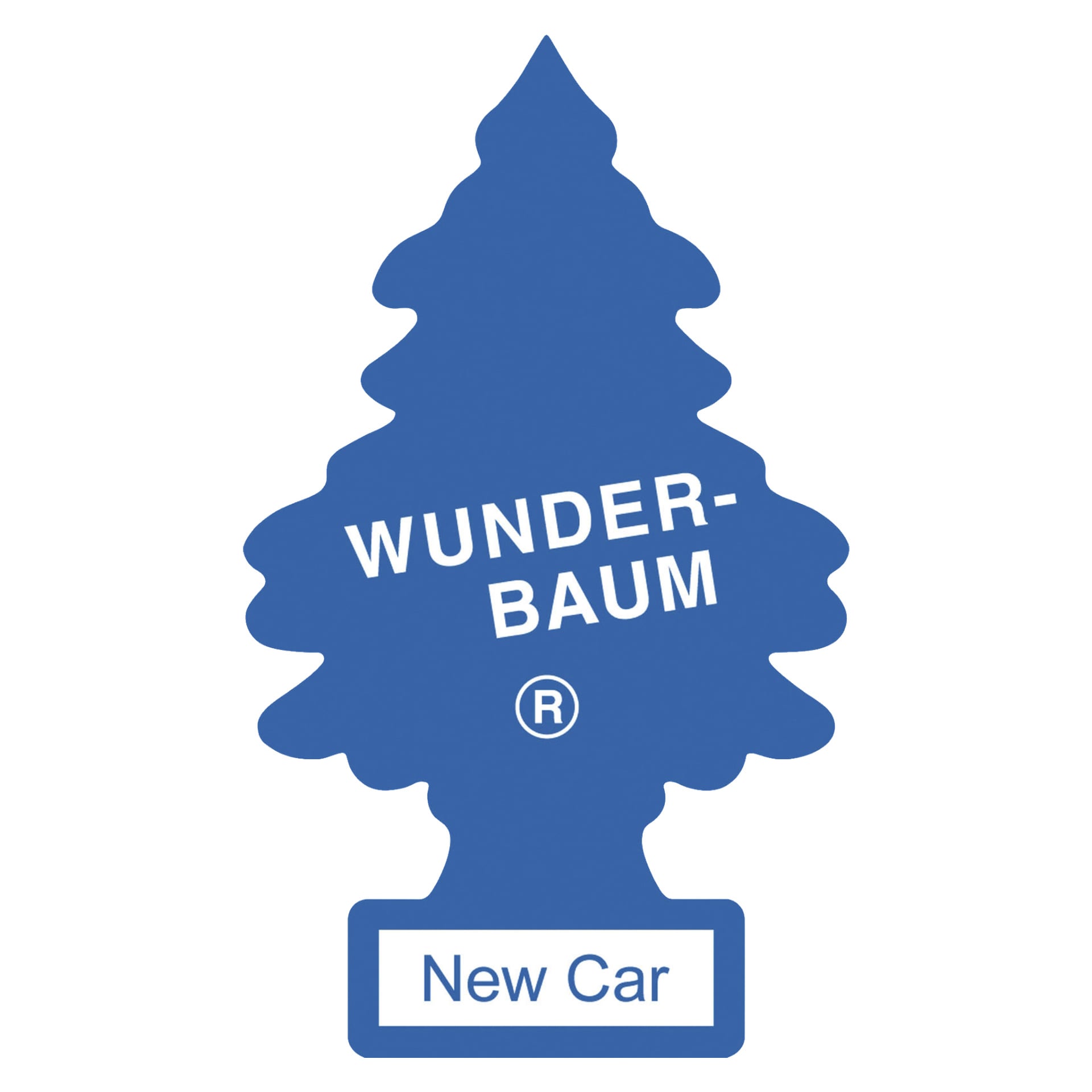 En blå, trädformad luftfräschare från Wunder Baum® med en lapp längst ner där det står "New Car."