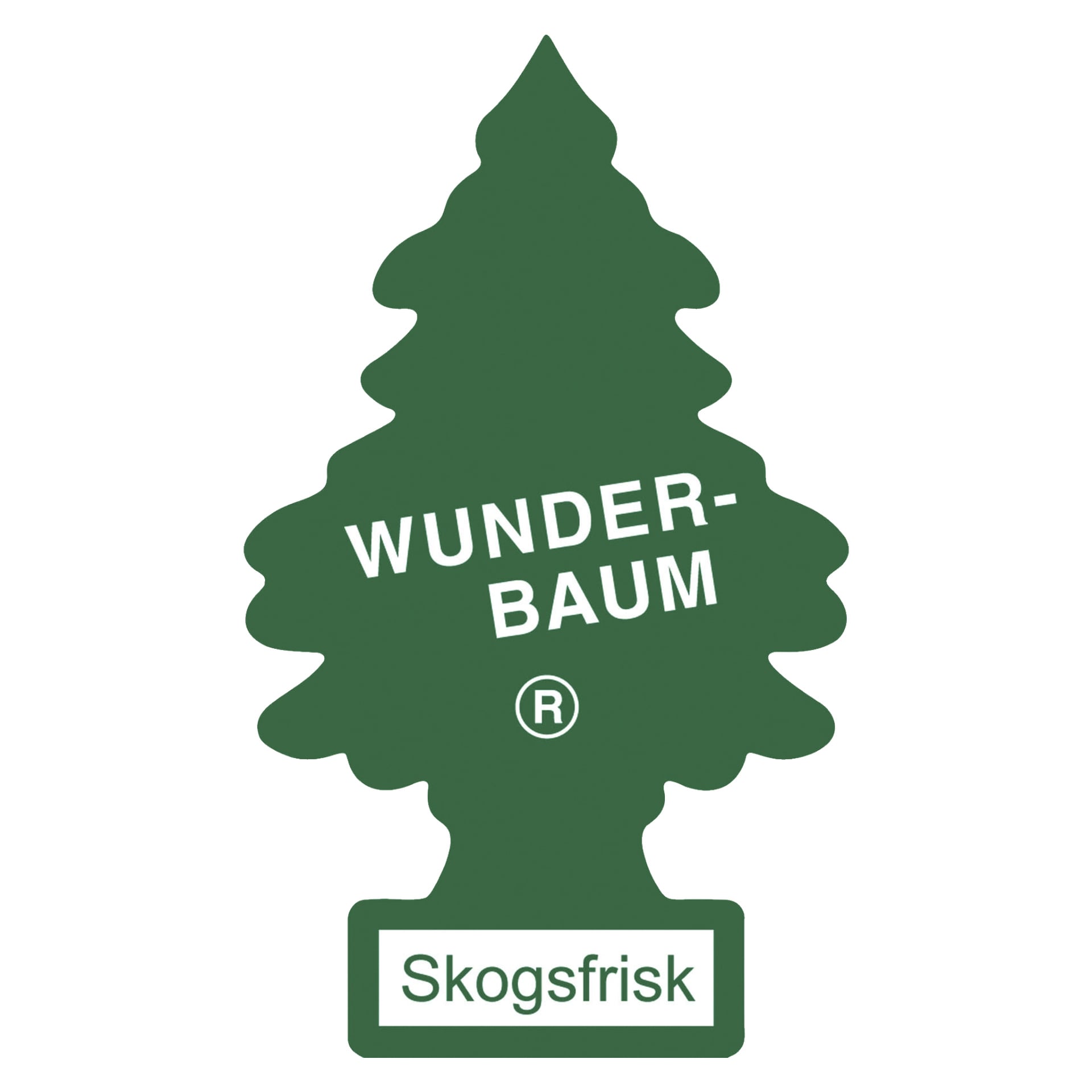 En grønn, treformet bilfrisker fra Wunder Baum med merkenavnet og ® symbolet i hvitt over midten, med "Skogsfrisk" i en hvit boks nederst.
