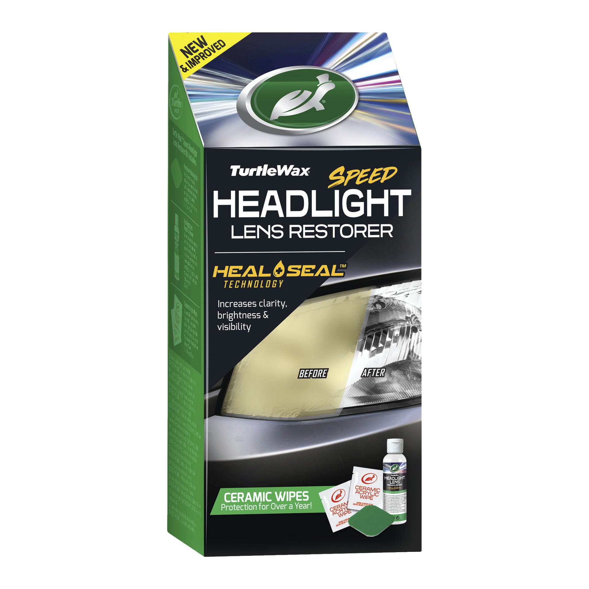 En Turtle Wax Polish Headlight Lens Restorer-pakke som viser en før-og-etter-sammenligning av en frontlykt, med innholdet i settet inkludert våtservietter og flaske synlig, og viktige funksjoner som Heal & Seal-teknologi og keramiske våtservietter fremhevet.
