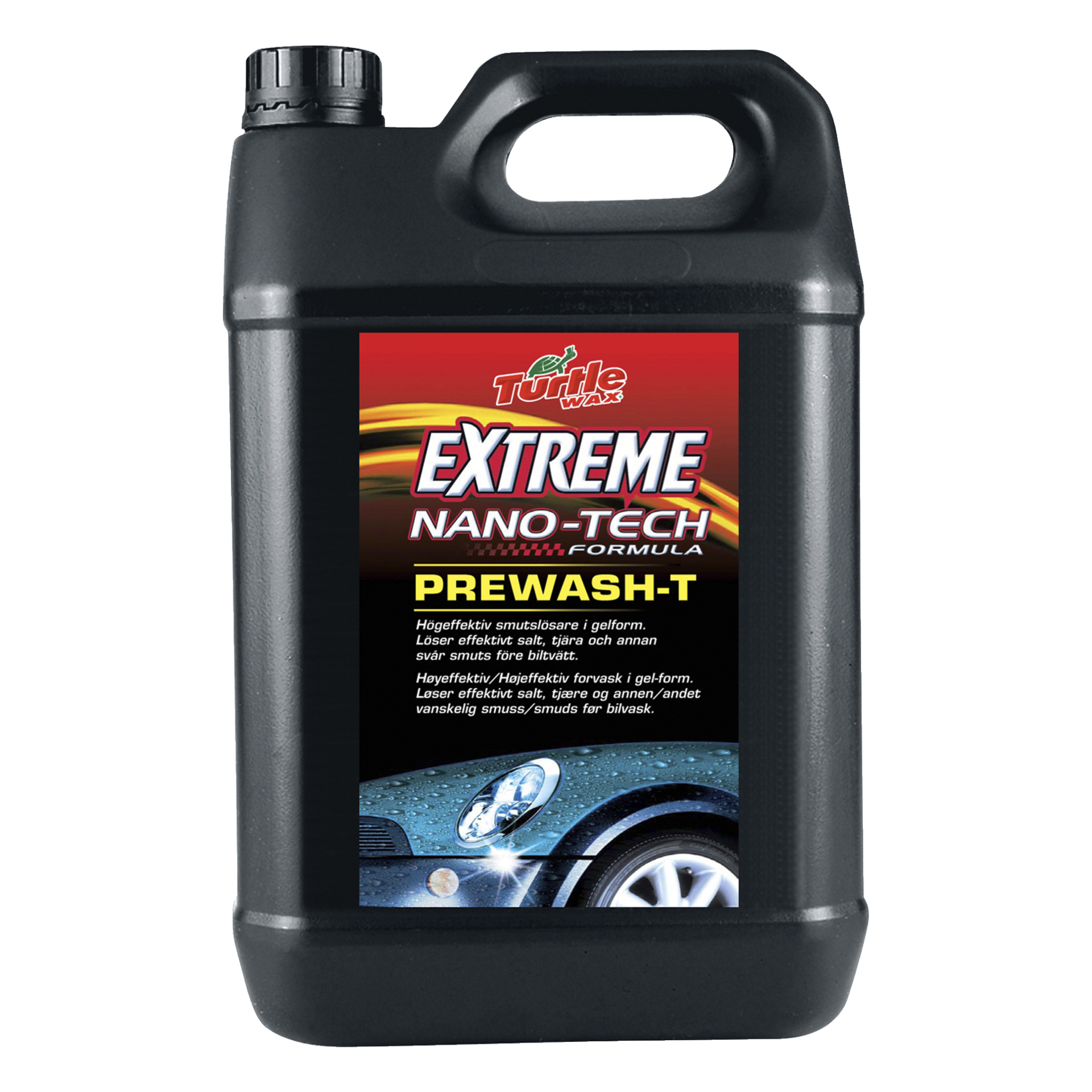 Musta 5-litrainen muovinen Turtle Wax Degreaser Extreme Nano-Tech -pakkaus, jossa on punainen etiketti, jossa on tietoja tuotteesta ja osittainen näkymä auton ajovaloihin ja pyörään.